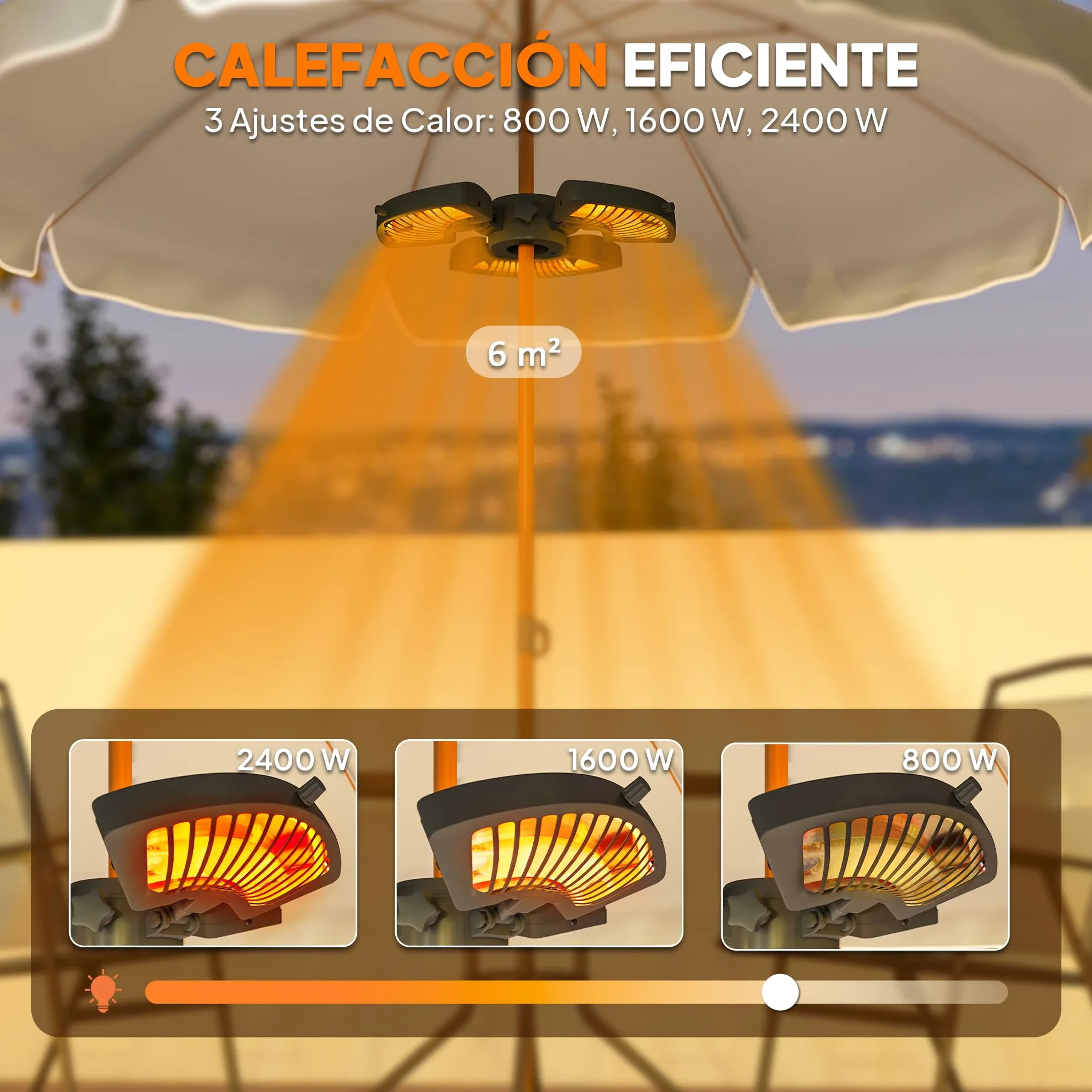 Outsunny Calefactor por Infrarrojos para Parasol 800/1600/2400W Negro | Estufa Exterior Eléctrica de Aluminio, 3 Niveles de Calentamiento, Protección Antivuelco, IP44, para Terraza Patio Jardín