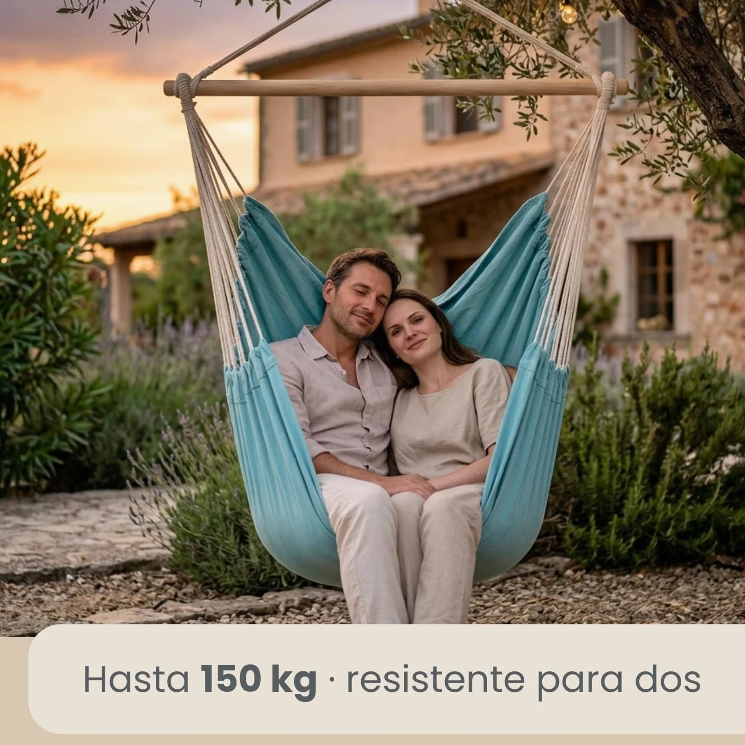 AMANKA Hamaca XXL para Toda la Familia | Asiento suspendido 190x140cm | 100% algodón | Hamaca para el jardín Peso máximo soportado 150 kg | Color Azul Pacifico