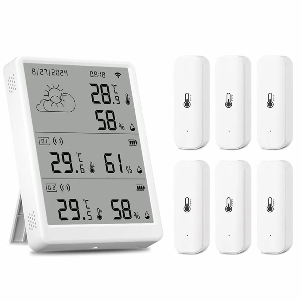 Termómetro higrómetro inalámbrico para Tuya para SmartLife, sensor de humedad, temperatura y humedad, termómetro con aplicación para invernadero (1 estación base + 6 sensores)