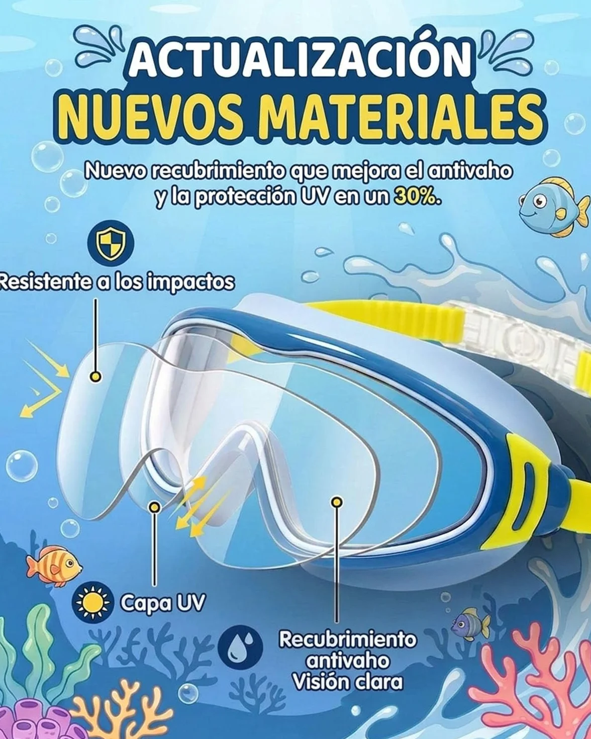 Gafas de natación para niños con protección UV antivaho montura grande