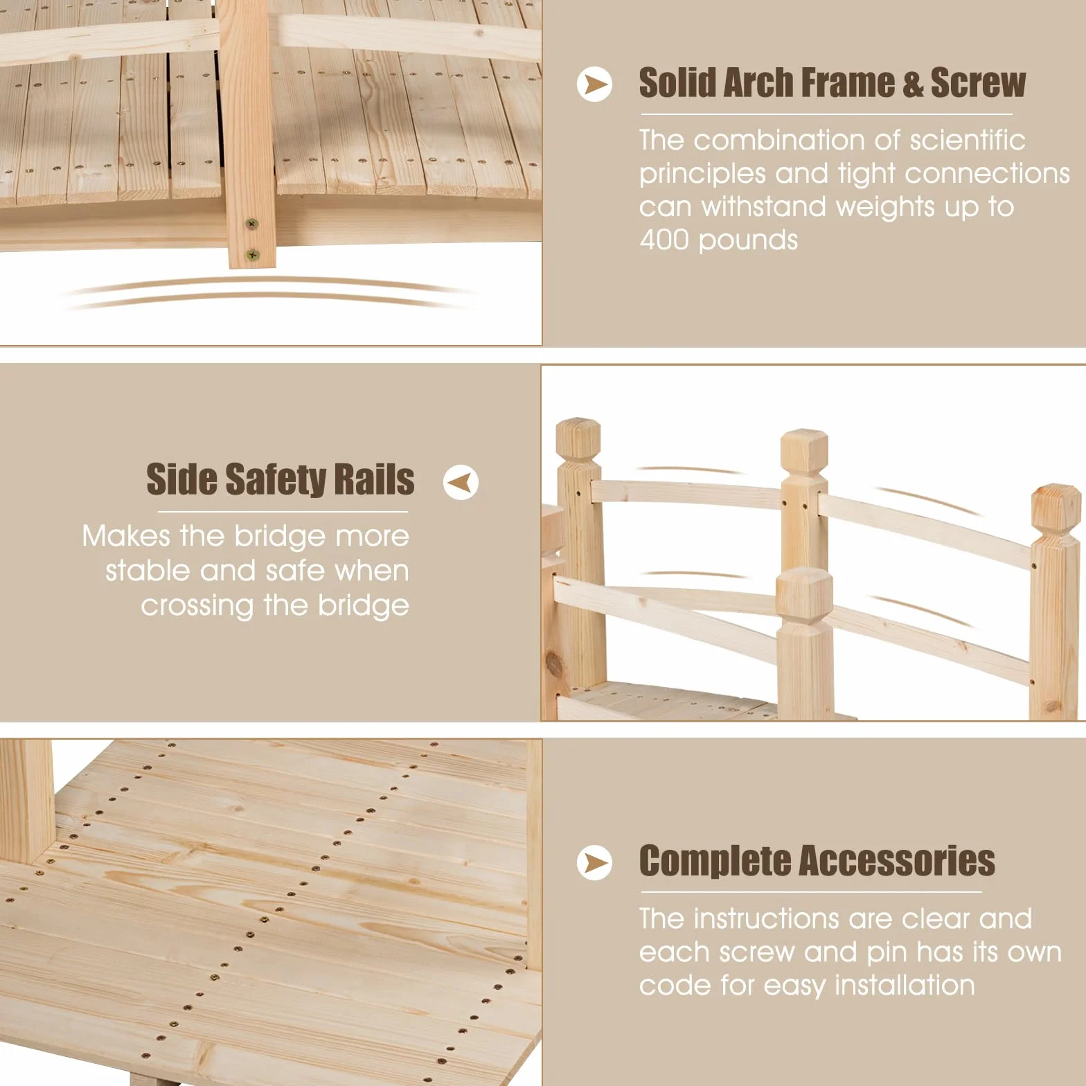 SOARS Puente de Jardín Madera con Barandilla, Puente de Pie Decorativo de Abeto con Capacidad de Carga de hasta 100 Kg, 150 x 67 x 55 cm cm, Puente Decorativo para Jardín, Estanque y Arroyo