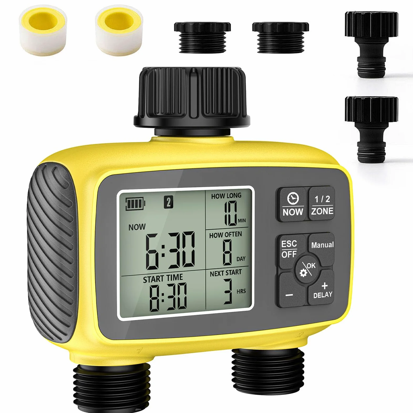Temporizador de Riego para Jardín/Césped - Dos Salidas de Riego y Manual | Temporizador Riego Automatico con Impermeable IP66, Retraso por Lluvia, Riego Manual, Programador de Riego para Jardín