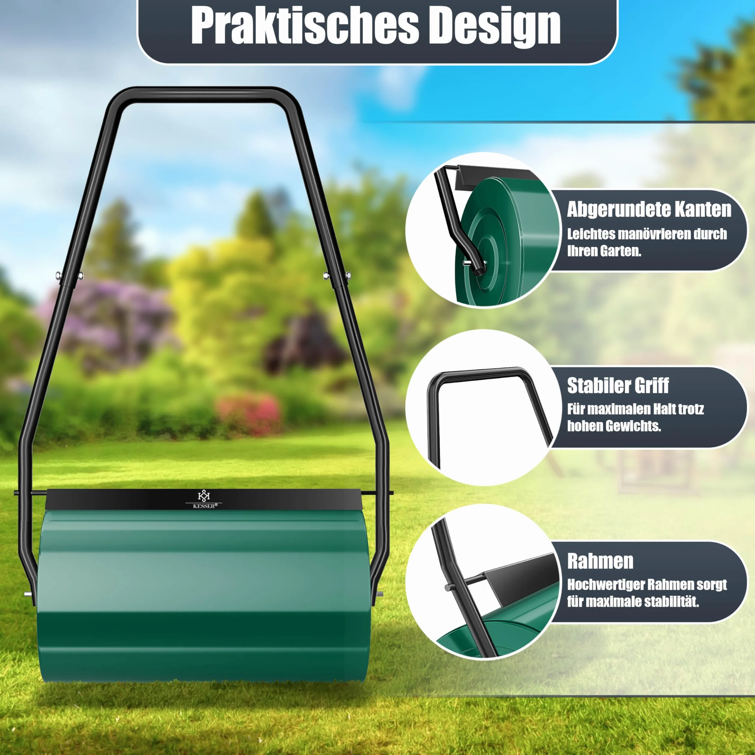 KESSER® Rodillo para césped 60 cm 48 l Volumen de llenado Metal con Deflector de Suciedad Rodillo Manual Rodillo para césped Rodillo de jardín Rodillo agrícola Rodillo rellenable 60 kg, Verde