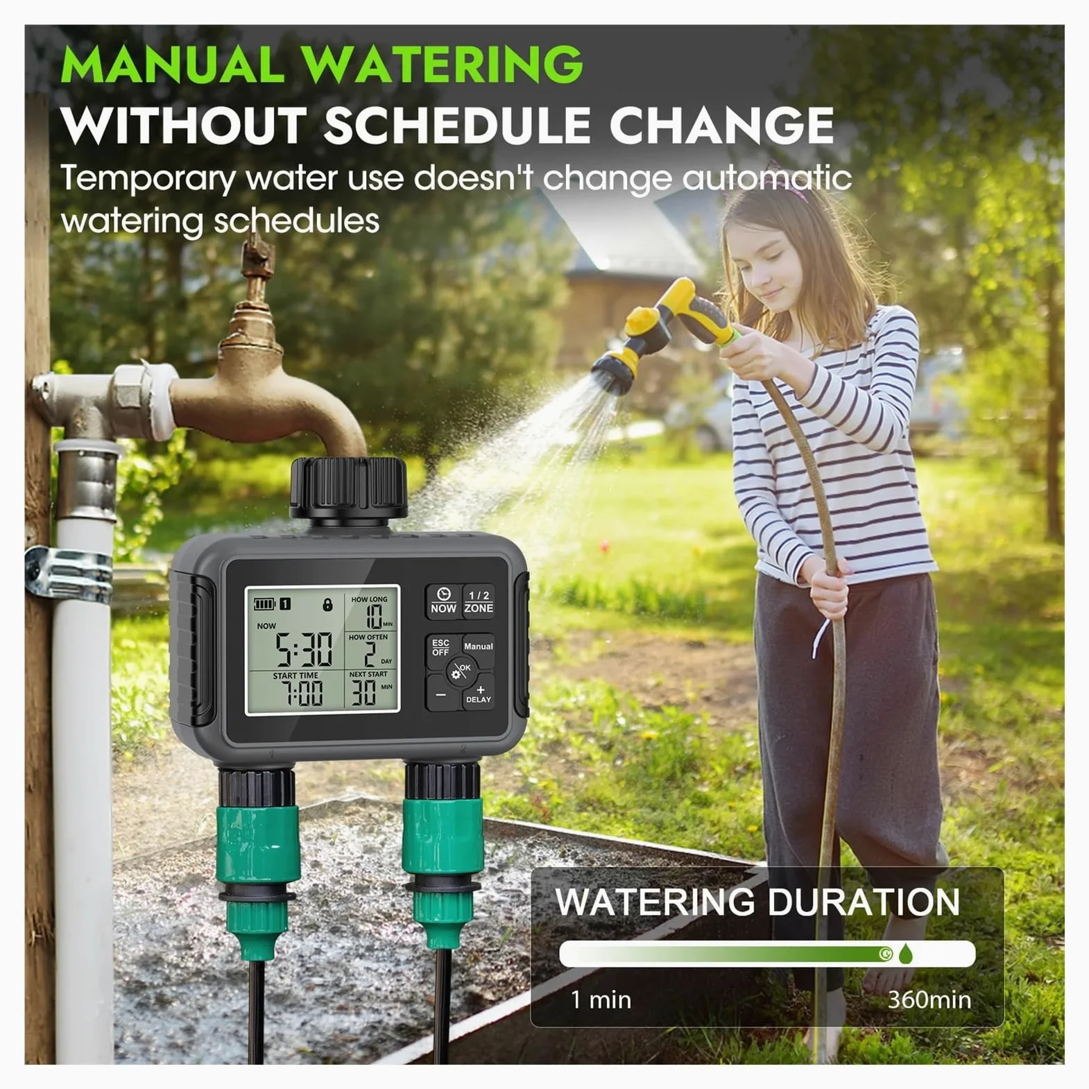 Temporizador de aspersor de 2 zonas programable IPX5 riego de jardín | Temporizador programable for sistemas de riego por goteo y césped.(G thread)
