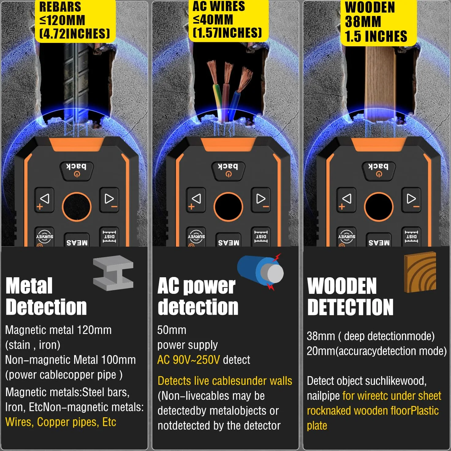 Localizador de línea profesional, multifuncional, detector de escáner de pared, detector para madera, metales, metales no ferrosos, cables, con indicador acústico y visual