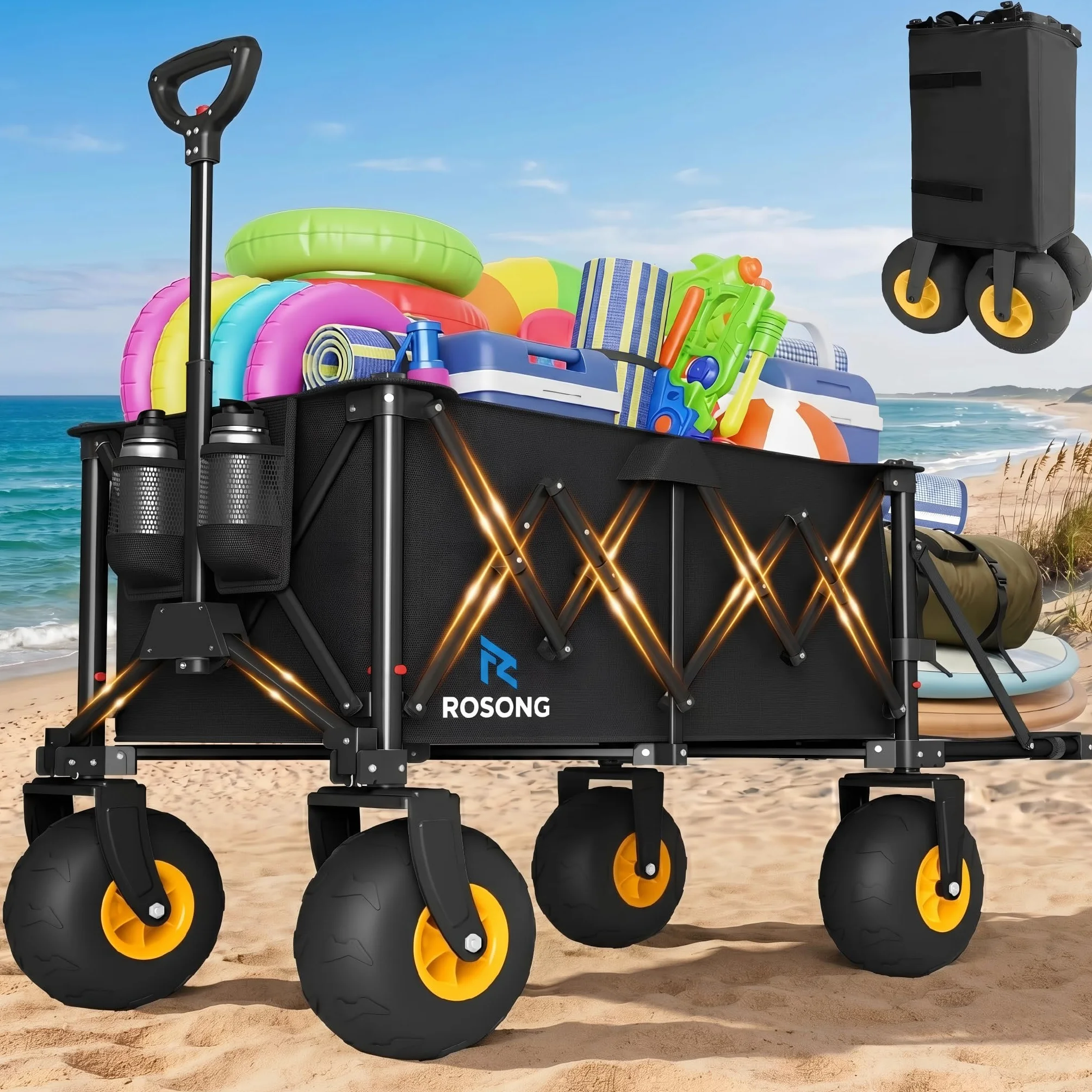 ROSONG Carro Playa Plegable con Ruedas Grandes Todoterreno Carrito Transporte Plegable Puerta Trasera Abatible Carro para Playa Camping Jardín,Negro