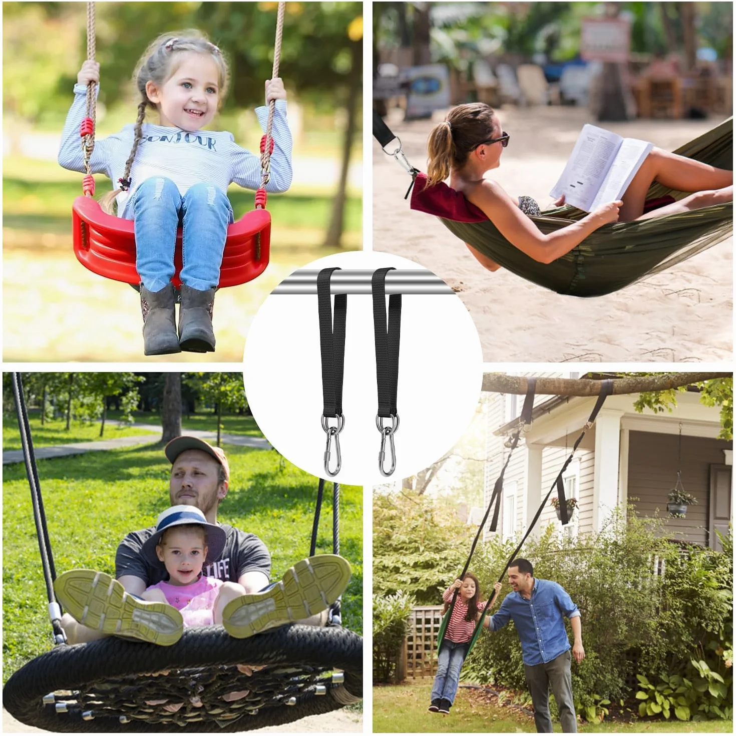 2 Piezas Correas de Hamaca, Kit de Correas para Colgar Columpios, Hamaca Correas árbol con 2 Mosquetón y Anillos en D, Hamacas de Fijación para Jardín, Columpio, Columpio de árbol, Hamacas, 50cm× 25mm