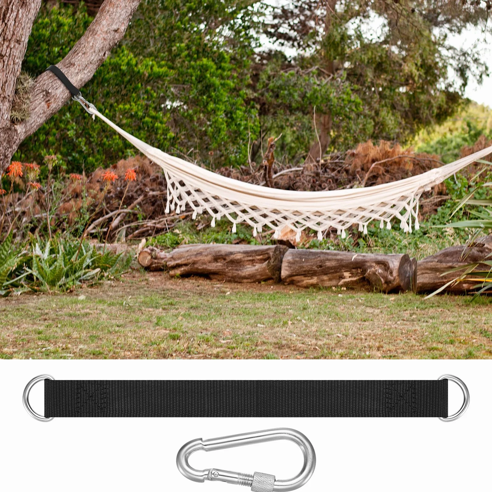 Kit de Fijación para Hamaca de 2 Piezas,Correas de Árbol para Columpio, Conjunto de Fijación de Silla Colgante con Mosquetones y Anillos en D, Correas para Hamaca para Columpios de Interior y Exterior