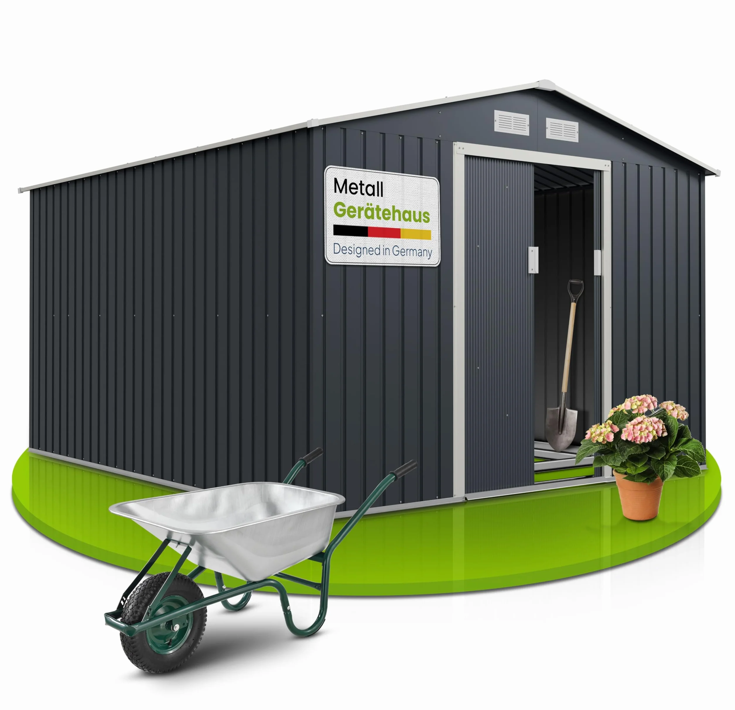 Juskys caseta metálica para Herramientas XXL 15m³ con Techo a Dos Aguas, Puerta corredera y cimentación - 277 x 319 x 192 cm - Antracita - cobertizo metálico para jardín