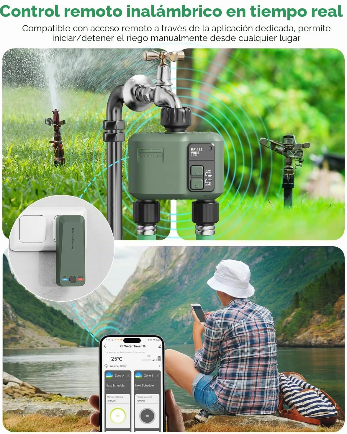 Programador de Riego WiFi+RF433 2 Salidas Automatico y en Poco Tiempo Flexible Temporizador con Riego Retrasado por Lluvia para Mangueras Jardin