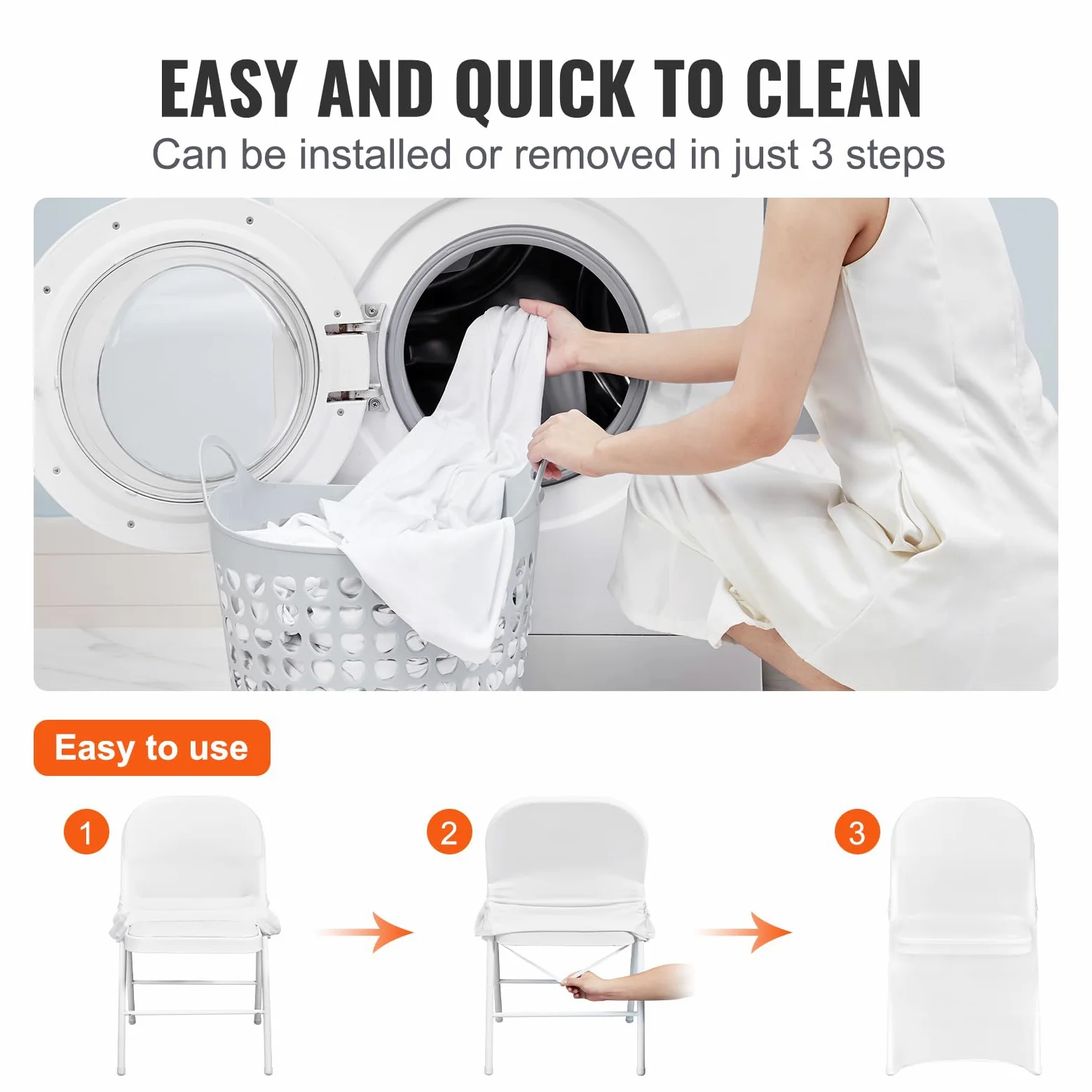 VEVOR Fundas para Sillas Plegables de Spandex Elástico, Funda para Silla Ajustable Universal, Fundas Protectoras Lavables Extraíbles, para Bodas, Vacaciones, 400 x 420 x 770 mm(50 Piezas Blancas)