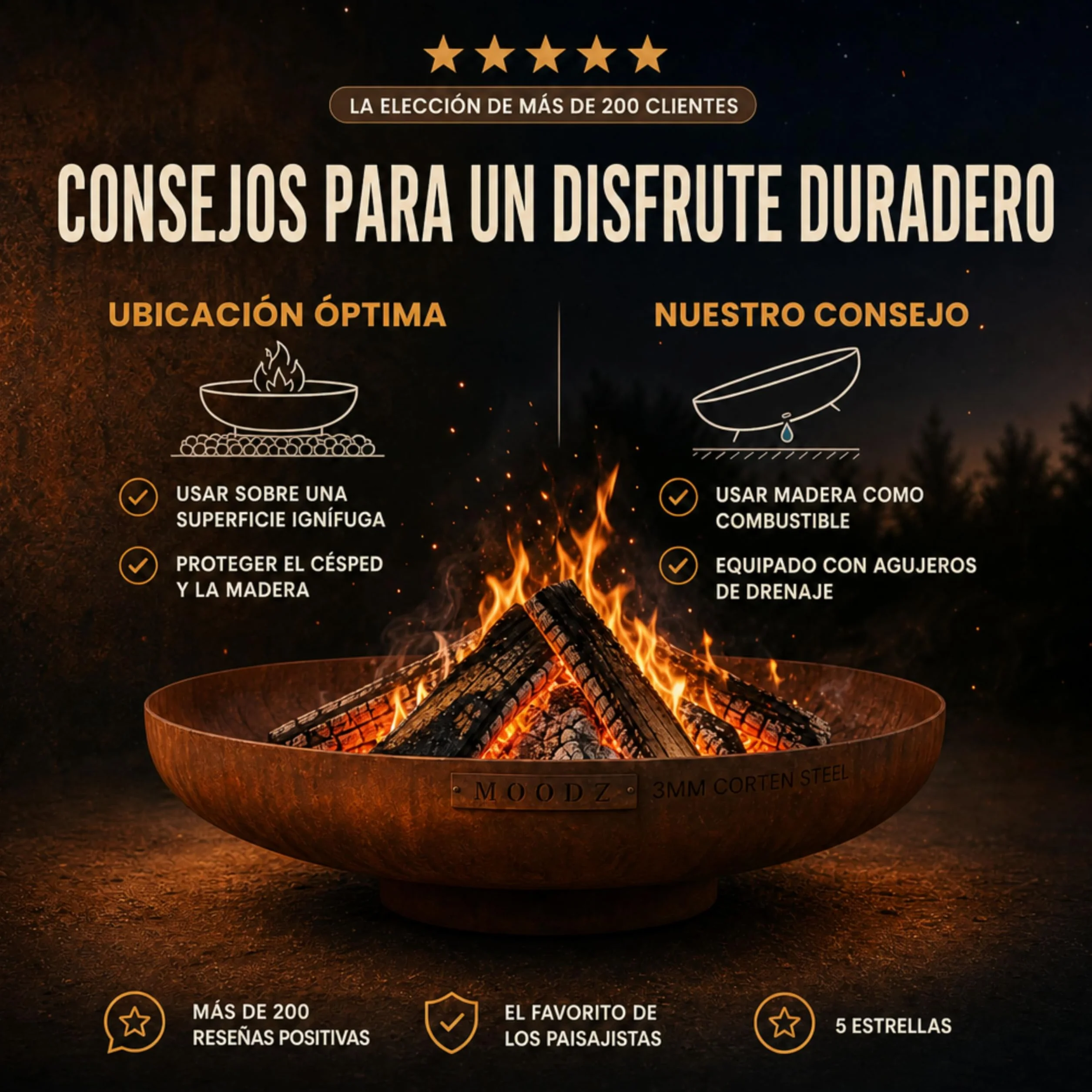 MOODZ Brasero de Exterior en Acero Corten Ø 100 cm - Pozo de Fuego Robusto de 3 mm de Espesor - Fogón de Jardín Resistente a la Intemperie - Gran Cuenco de Fuego para Terraza y Patio