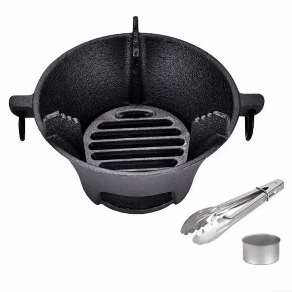 Estufa de carbón de hierro fundido, parrilla coreana portátil para barbacoa y horno japonés con base gruesa para calentamiento uniforme, cocina compacta para acampar al aire libre, negro (19,5 cm)