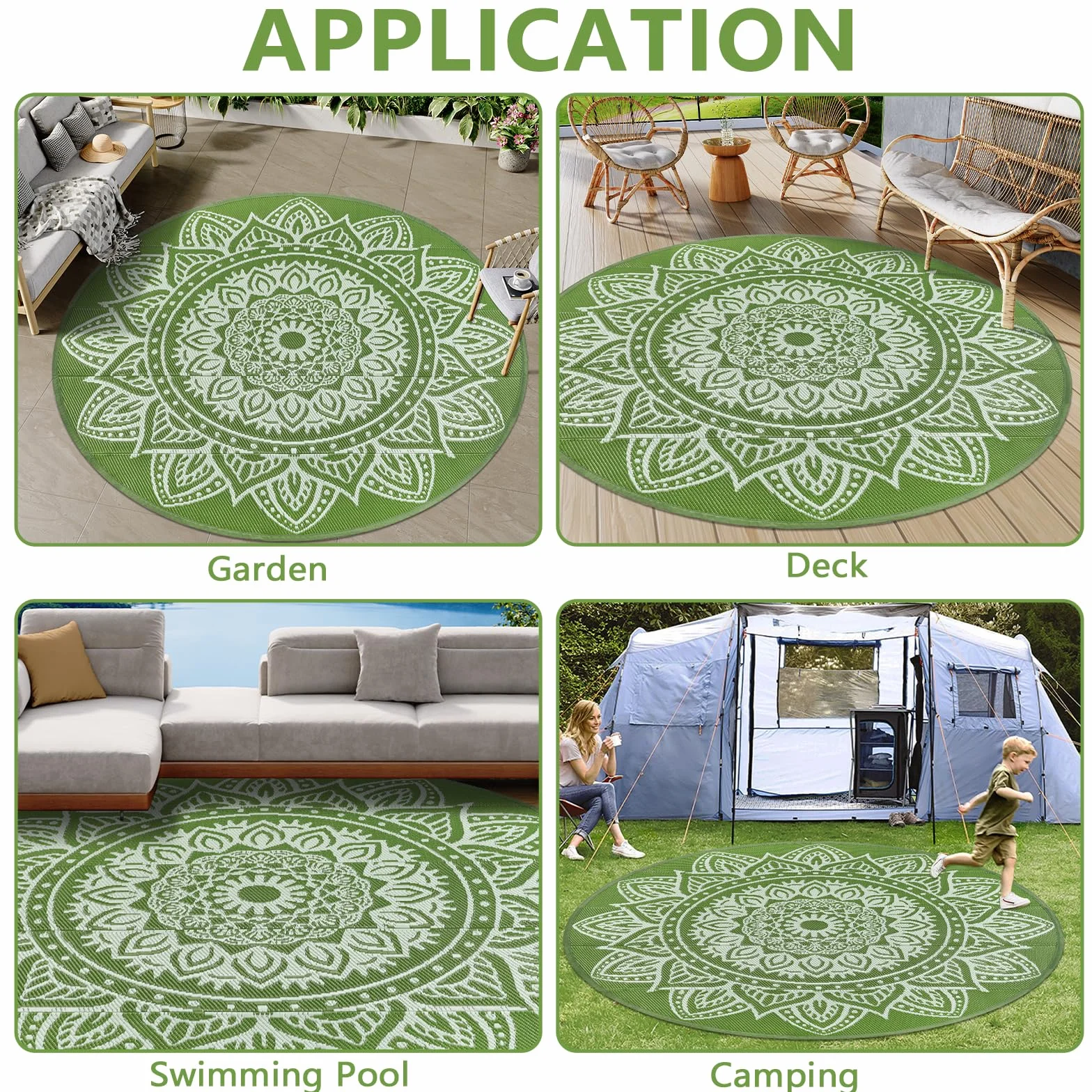 Famibay Alfombra Exterior Impermeable Redondo 180cm Alfombras De Exterior Reversible Plástico Resistente A Los Rayos UV Verde Tapete Terraza Patio Jardin Balcón
