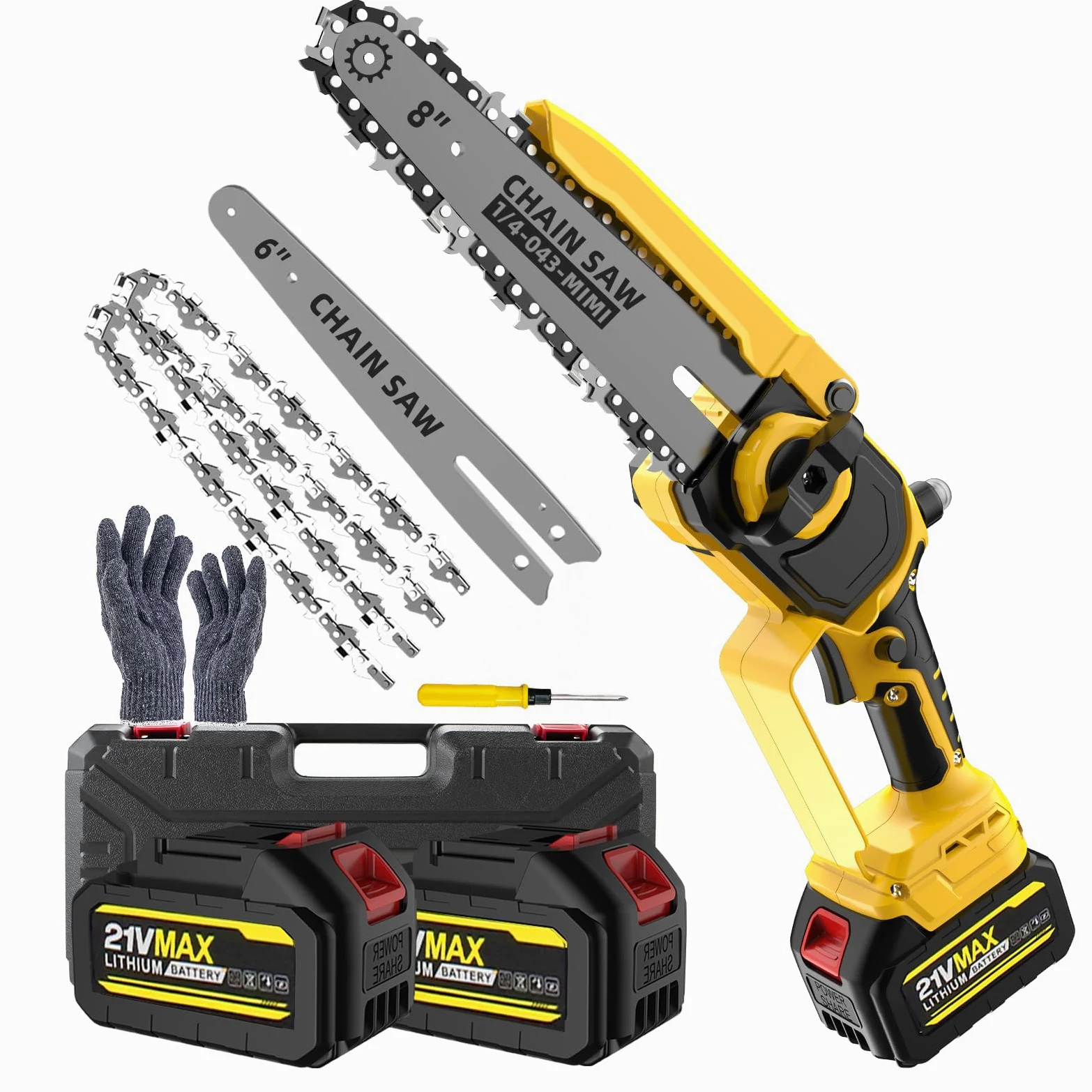 Mini motosierra inalámbrica 8" y 6", engrase automático, cadena repuesto, motor brushless 1200W, 2 baterías 4000mAh – Poda, jardín y corte madera