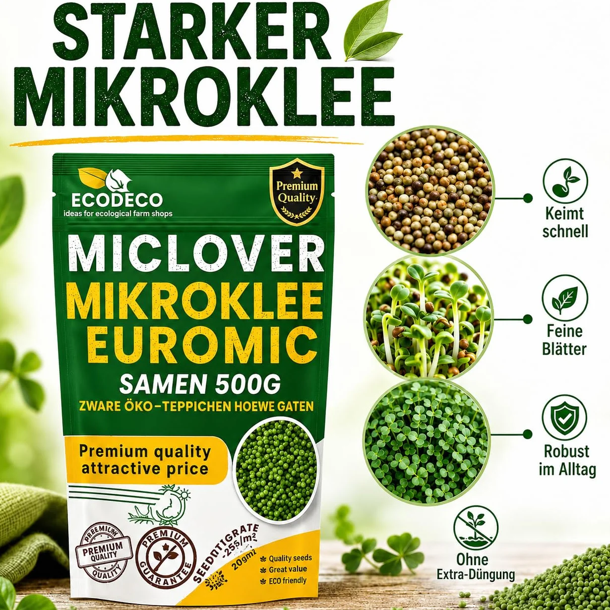 Semillas Cesped Trébol Enano 1kg (400m² Puro o 800m² con Césped) – Blanco Micro Trébol Tapizante Resistente para un Jardín Verde y Uniforme – Alternativa a Césped Natural