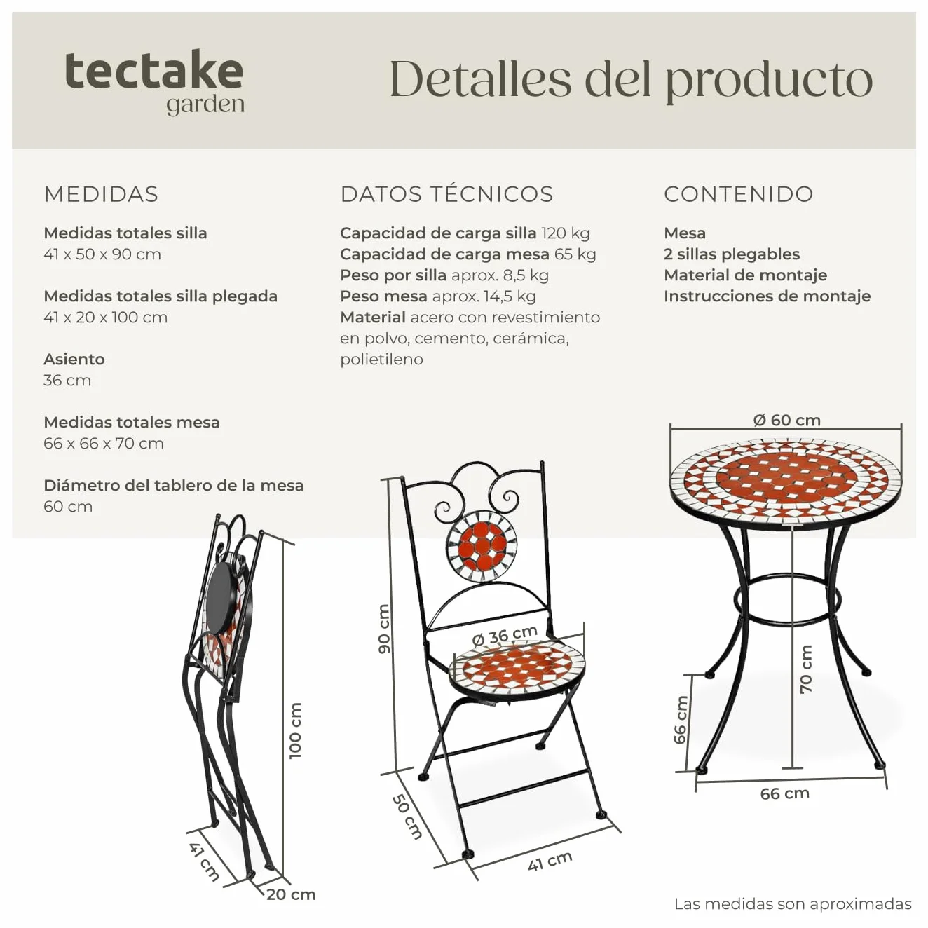tectake® Conjunto Muebles Jardín Exterior de Metal y Cerámica, 1 Mesa y 2 Sillas Plegables, Muebles Terraza Impermeables y Resistentes a Intemperie, Gran Capacidad de Carga, Fácil Limpieza - marrón