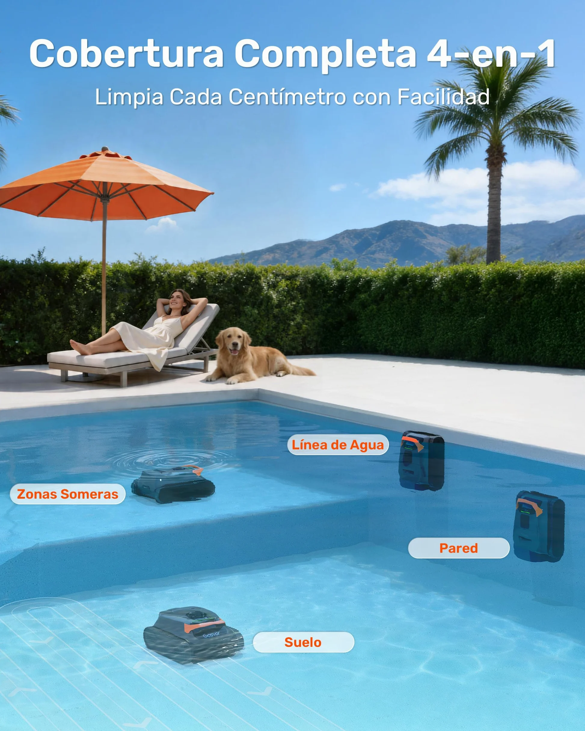 Gosvor (Nuovo 2026) Robot Piscina Limpiafondos y Paredes, Doble Filtración, Planificación Inteligente Rutas, 5 Modos, Control App, 200Min Autonomía, Línea Agua y Zona Poco Profunda,Gris Naranja