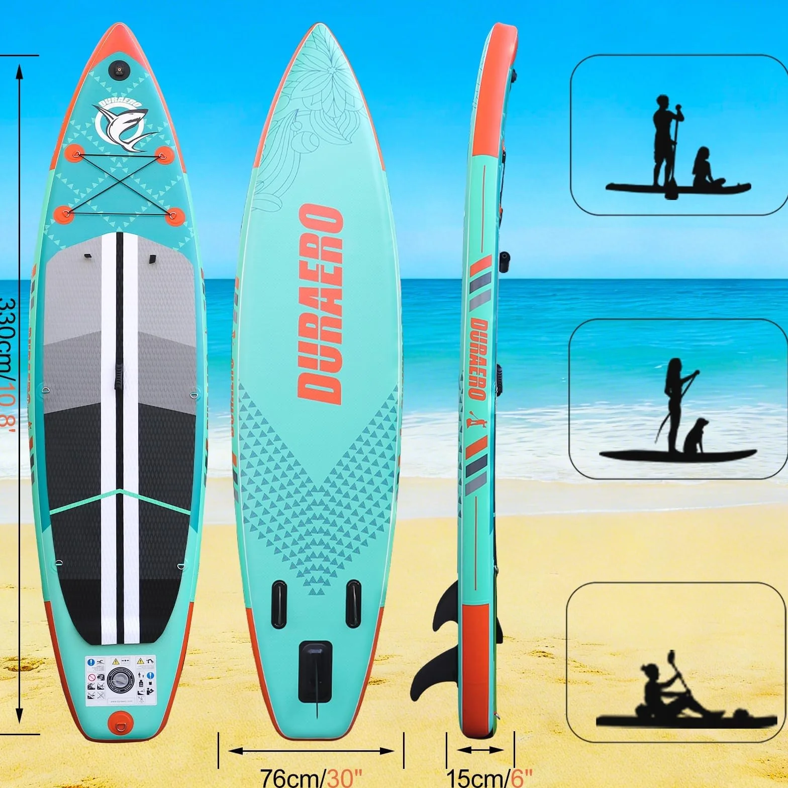 Tabla Hinchable de Paddle Surf 330x76x15 cm 150 kg Asiento Kayak Aleta Desmontable Remo Ajustable Verde Menta