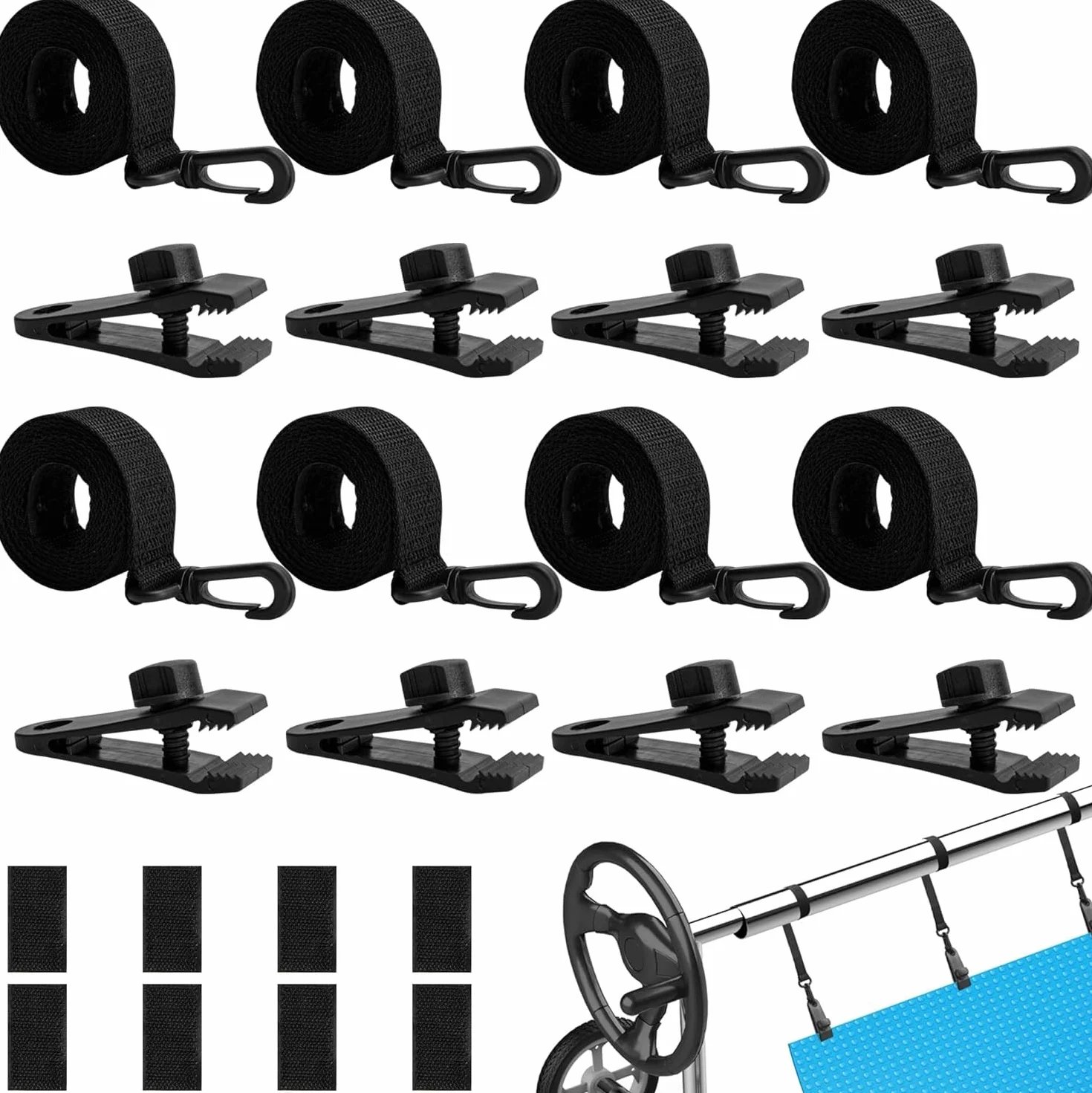 Enrollador de piscina – Bandas de sujeción – Juego de 8 bandas y grapas – Accesorios para sistema de enrollado móvil – Pantalla solar móvil para lonas