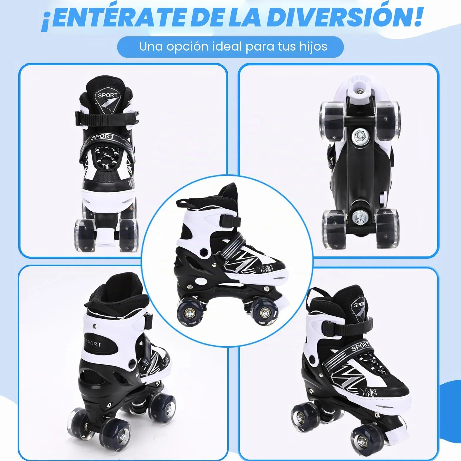Patines Ajustables 4 Tamaños con Ruedas Iluminadas para Niños y Principiantes Violeta y Blanco