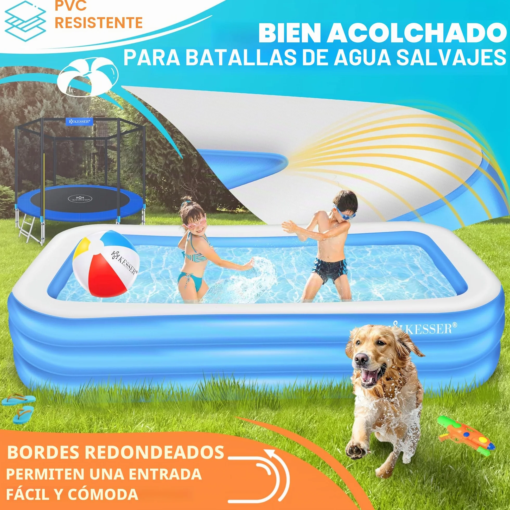 KESSER® Piscina Familiar Inflable para Niños y Adultos, de Jardín y Verano, 240 x 142 x 56 cm, 613 Litros, con Agujeros de Drenaje
