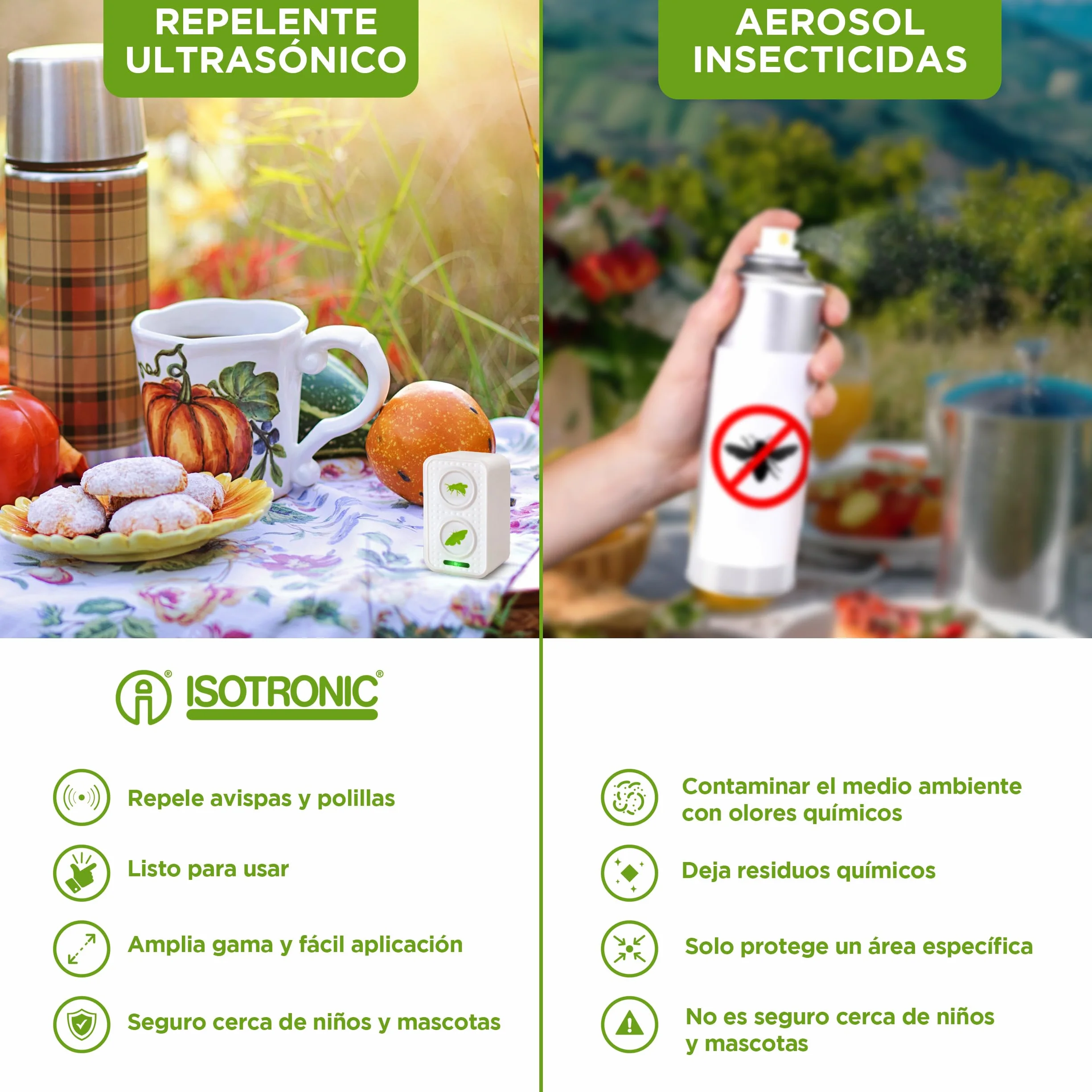 ISOTRONIC Repelente para Avispas y polillas: protección Natural contra Avispas con ultrasonido y frecuencia alterna; Repelente de polillas con un Alcance Efectivo de 50 m² (1 Unidad).