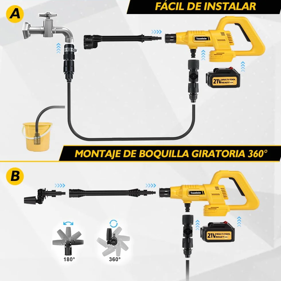 Hidrolimpiadora inalámbrica, 17 Piezas, 8000 mAh, máx. 68 Bares, con Boquilla 6 en 1 y Boquilla giratoria de 180°, hidrolimpiadora portátil para Coches, Bicicletas, terrazas y Jardines.