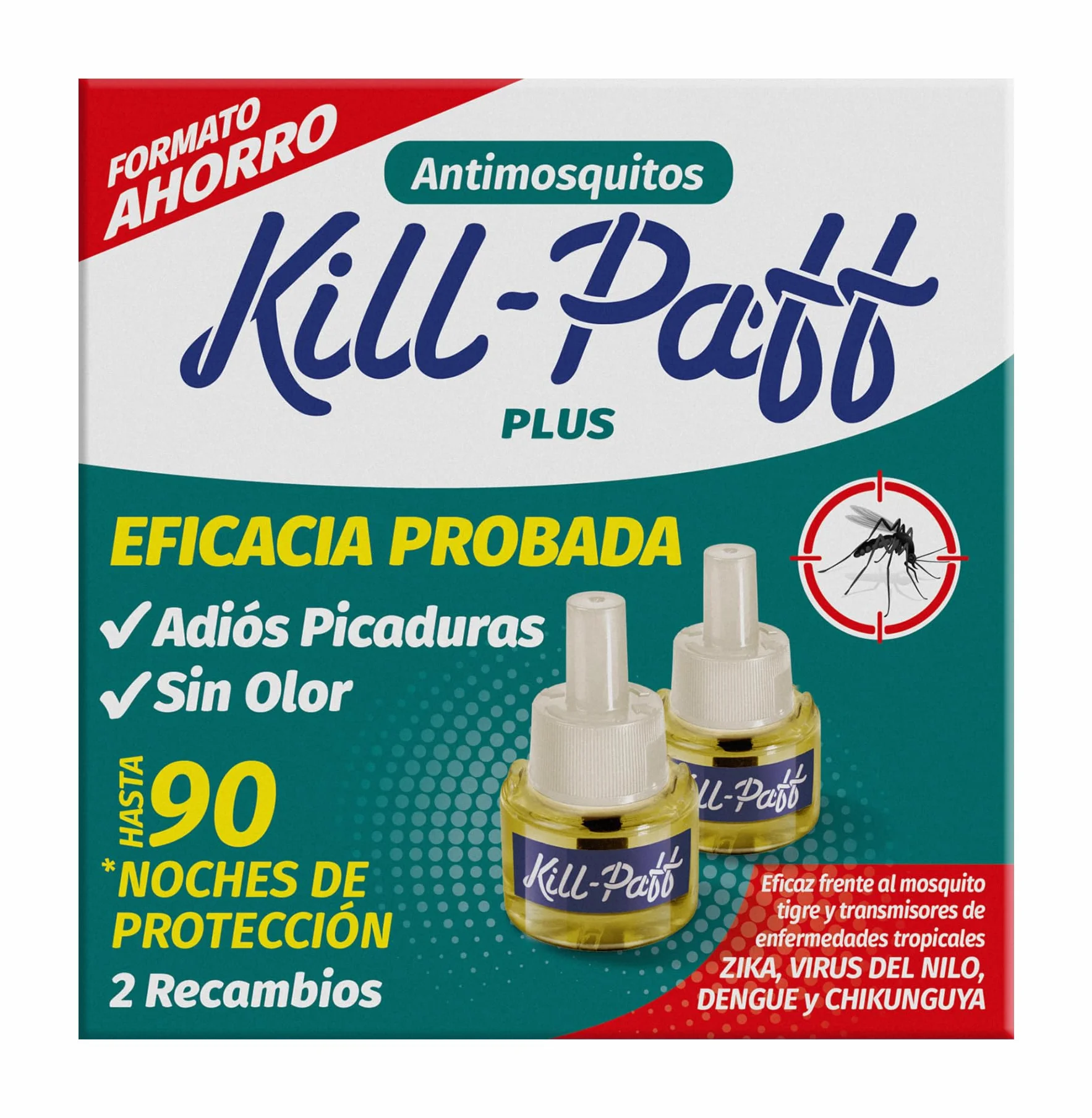 KILL-PAFF | Antimosquitos Eléctrico | Protección Eficaz Contra Mosquitos Tigre y Transmisores de Enfermedades Tropicales | Sin Olor | 90 Noches de Protección | 2 Recambios 33 + 33 ml
