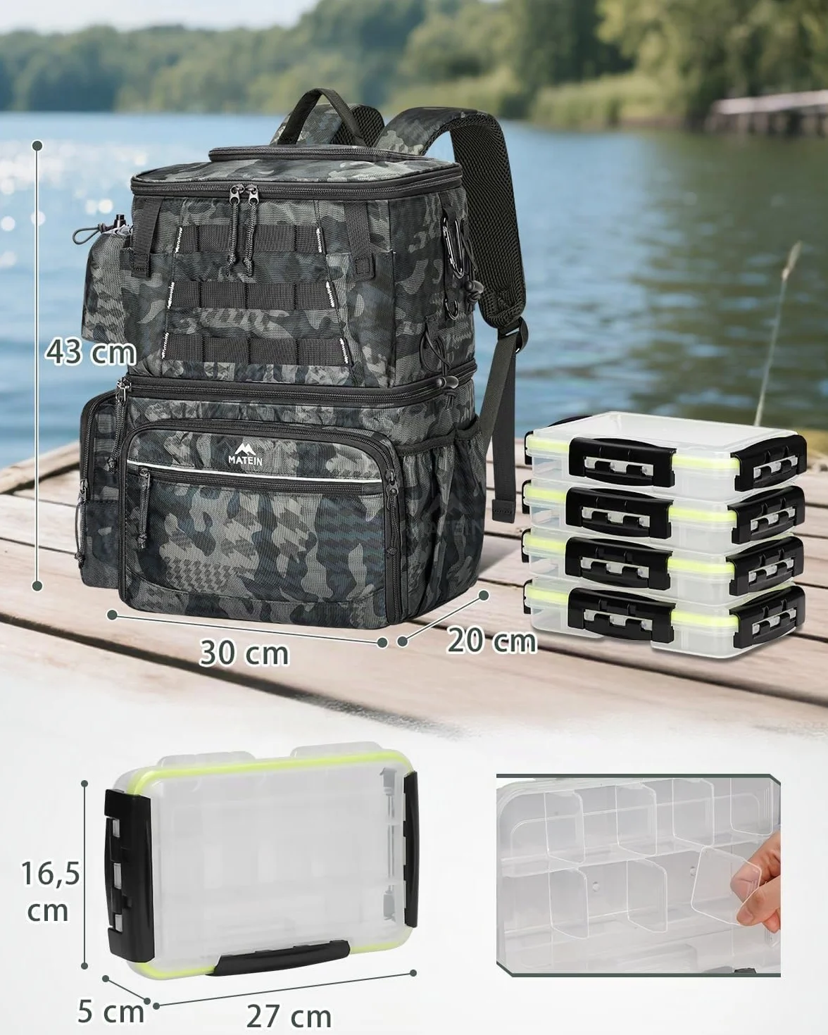 MATEIN Mochila Pesca Impermeable con 4 Cajas Aparejos y Soporte Caña Camuflaje