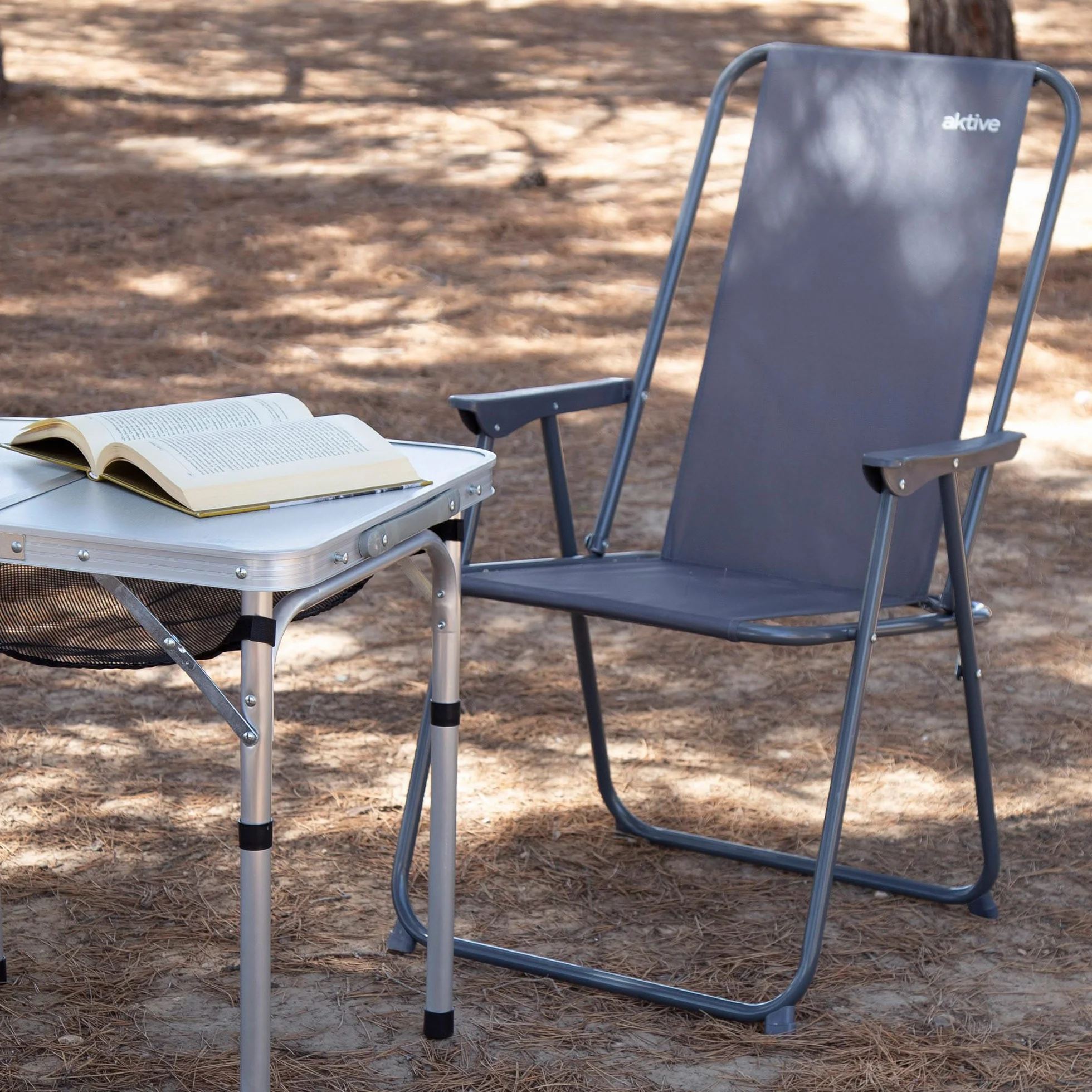 AKTIVE Silla Camping Plegable, 44x44x88 cm, Color Gris, Incorpora topes antivuelco, Soporta 110 kg, Estructura Acero, Tejido poliéster, Reposabrazos plástico, Sillas Plegables (63062)