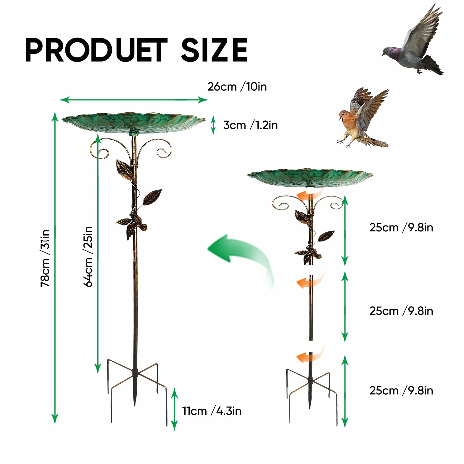 Pajaros Exterior De Gran Tamaño, Con Una Base Robusta De Cinco Patas, Bebedero Para Pájaros De Estilo Retro De Metal De 78 Cm, Resistente Al Frío, Bebedero Vertical Para Jardín