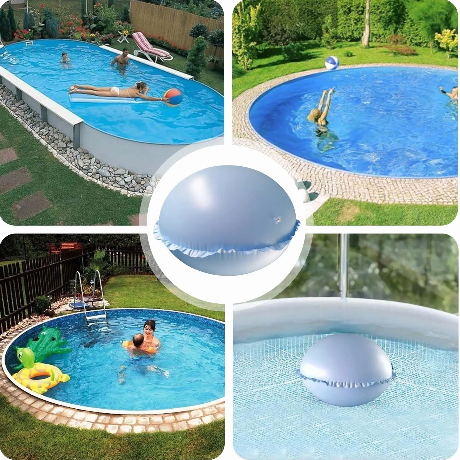 Vaileal Cojín de aire para piscina, XXL, 120 x 120 cm, cojín de piscina de invierno, azul cielo, redondo, cojín de aire para piscina con cuerda de 15 m, reutilizable, cojín de aire de invierno,