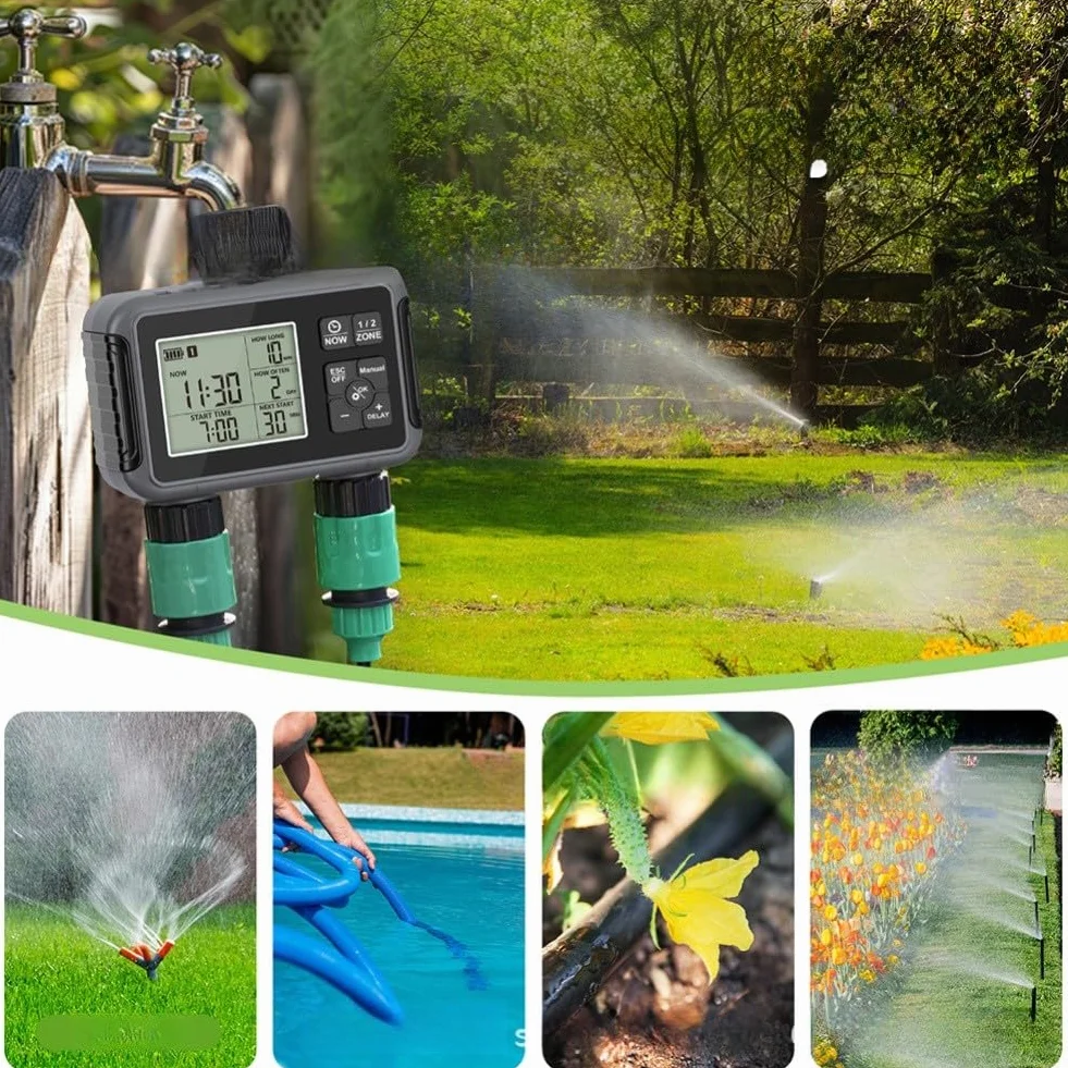 Temporizador de agua programable para grifo de jardín con configuración de entrada y salida de zonas duales independientes y capacidad de anulación manual