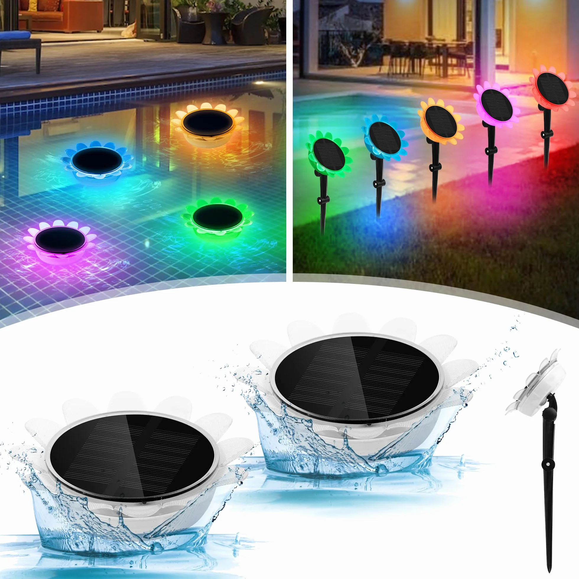 Luz Solar Flotante LED RGB Impermeable 2 Piezas para Piscina y Jardín con Inserción de Tierra - Decoración Subacuática Moderna
