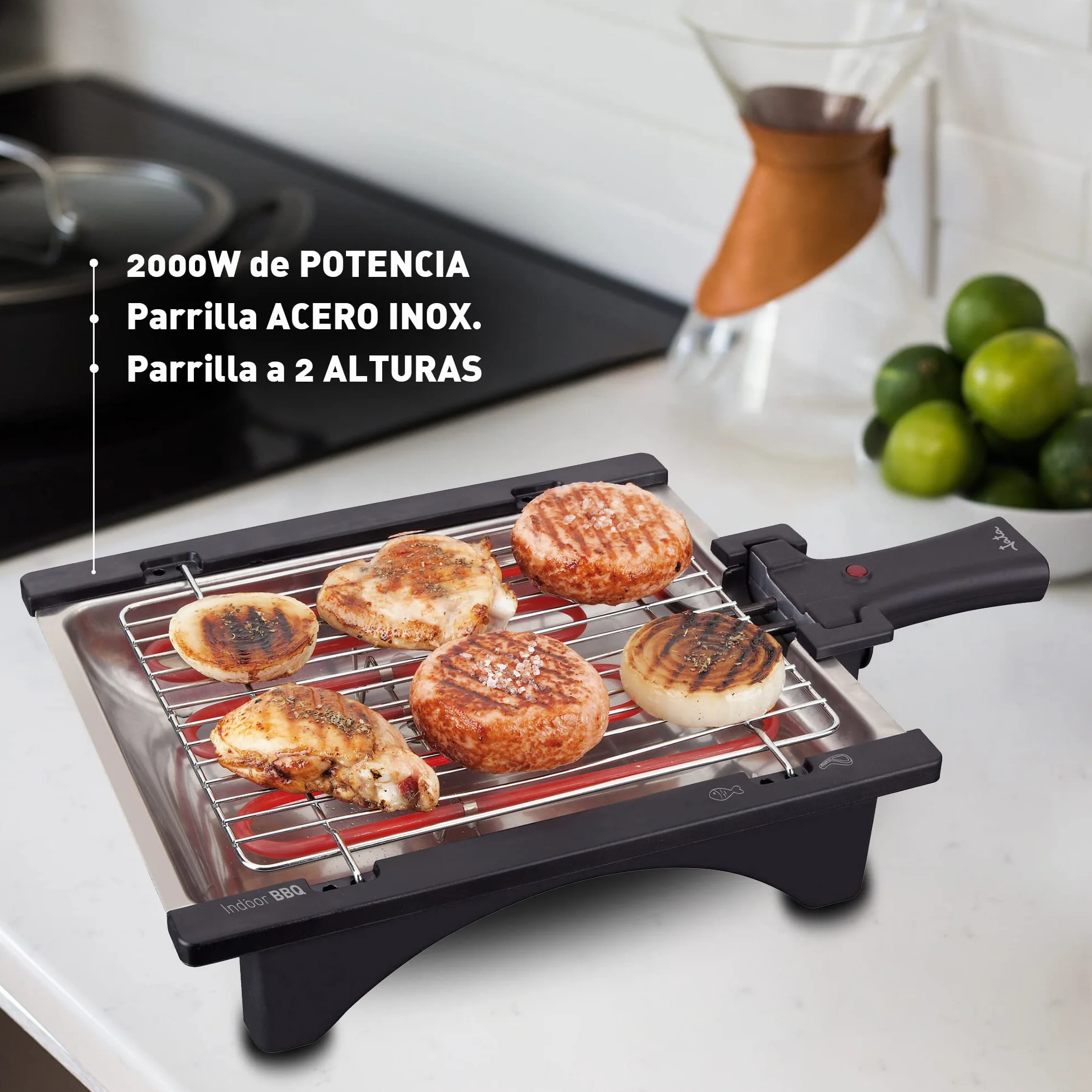 JATA BQ95 - Barbacoa Eléctrica 2000 W sin Humo con Parrilla Ajustable 2 Alturas, Bandeja de Agua Antihumos, Grill Desmontable Fácil Limpieza, Superficie 28x22 cm