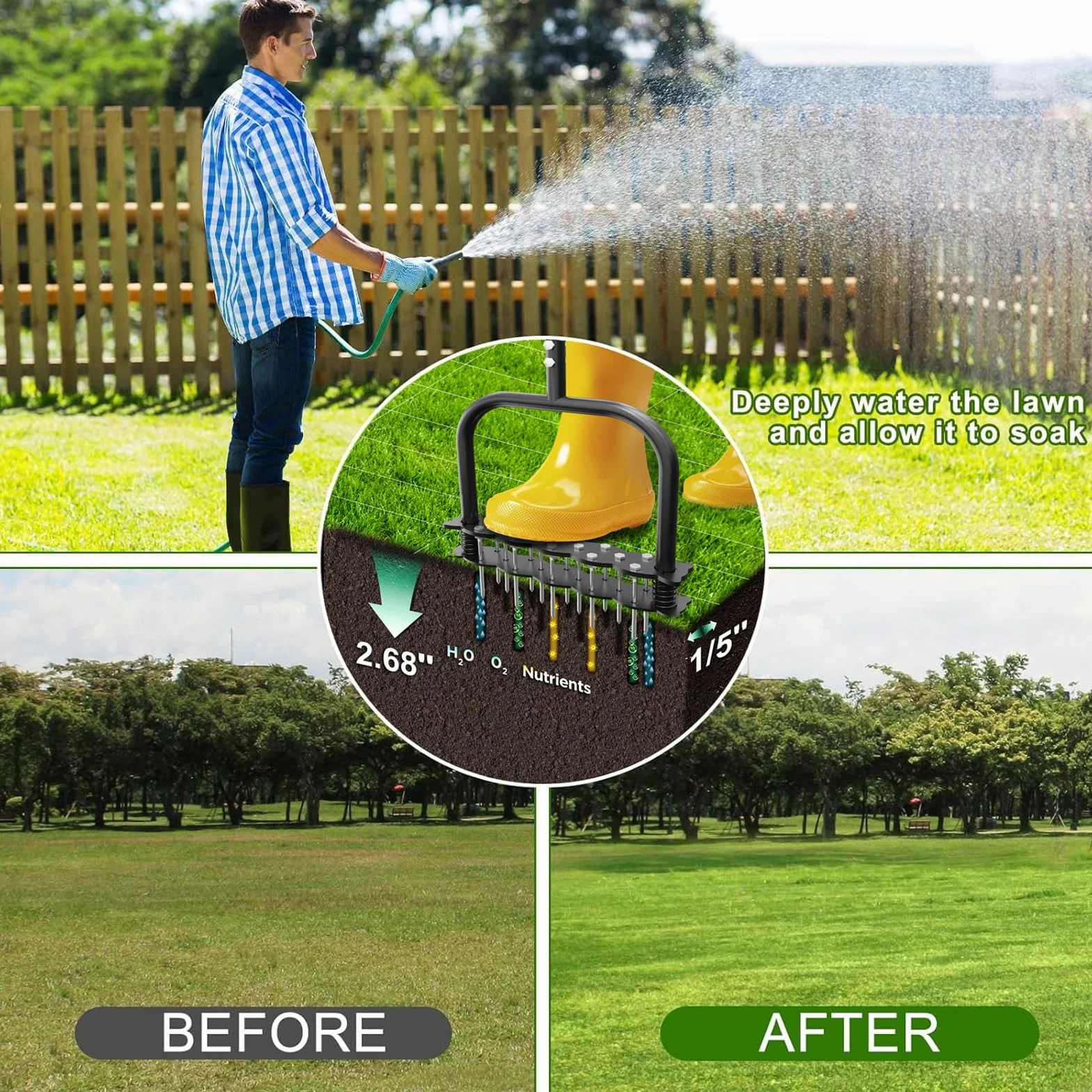 EPROICKS Aireador De Césped,Escarificador De Cesped,Escarificador Manual con 14 Púas, Capaz De Penetrar 6,8 Cm En El Suelo; Ideal para Jardines, Aireación De Césped y como Herramienta De Jardinería