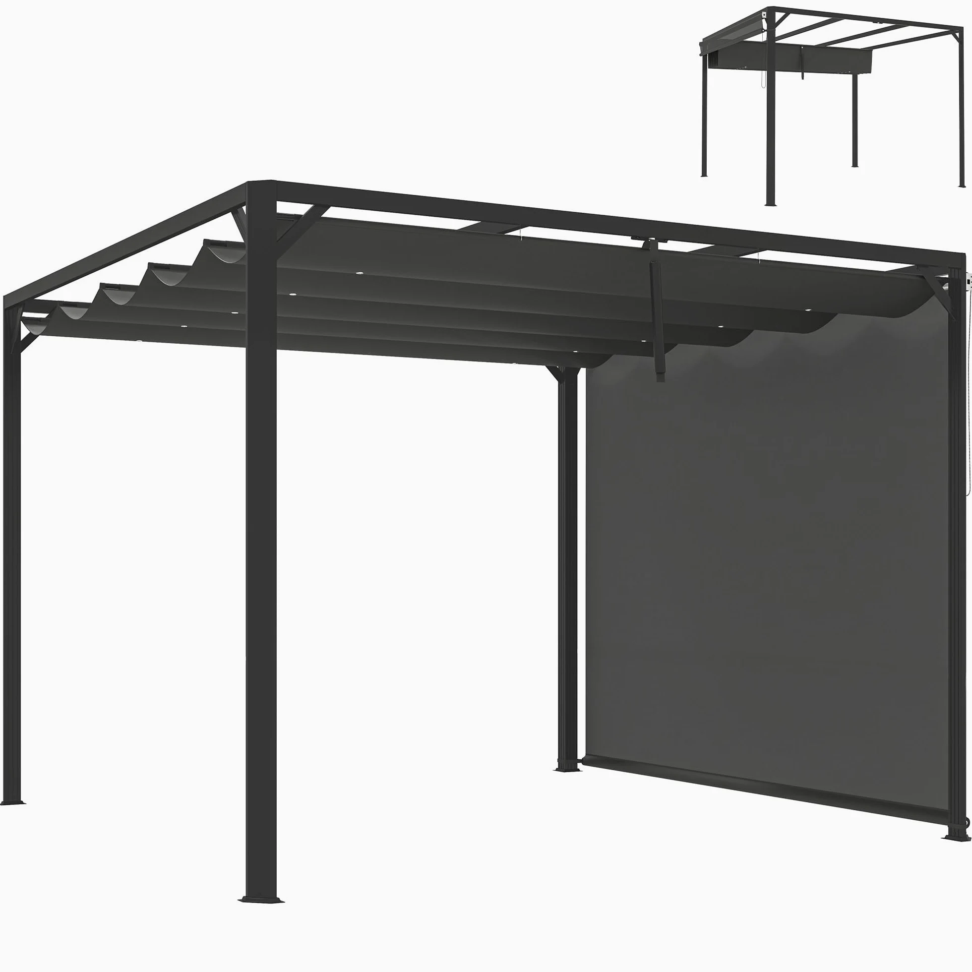 Outsunny Pérgola de Jardín 3x3 m con Techo Retráctil, Pared Lateral Enrollable, Aluminio, UPF30+, Gris Oscuro