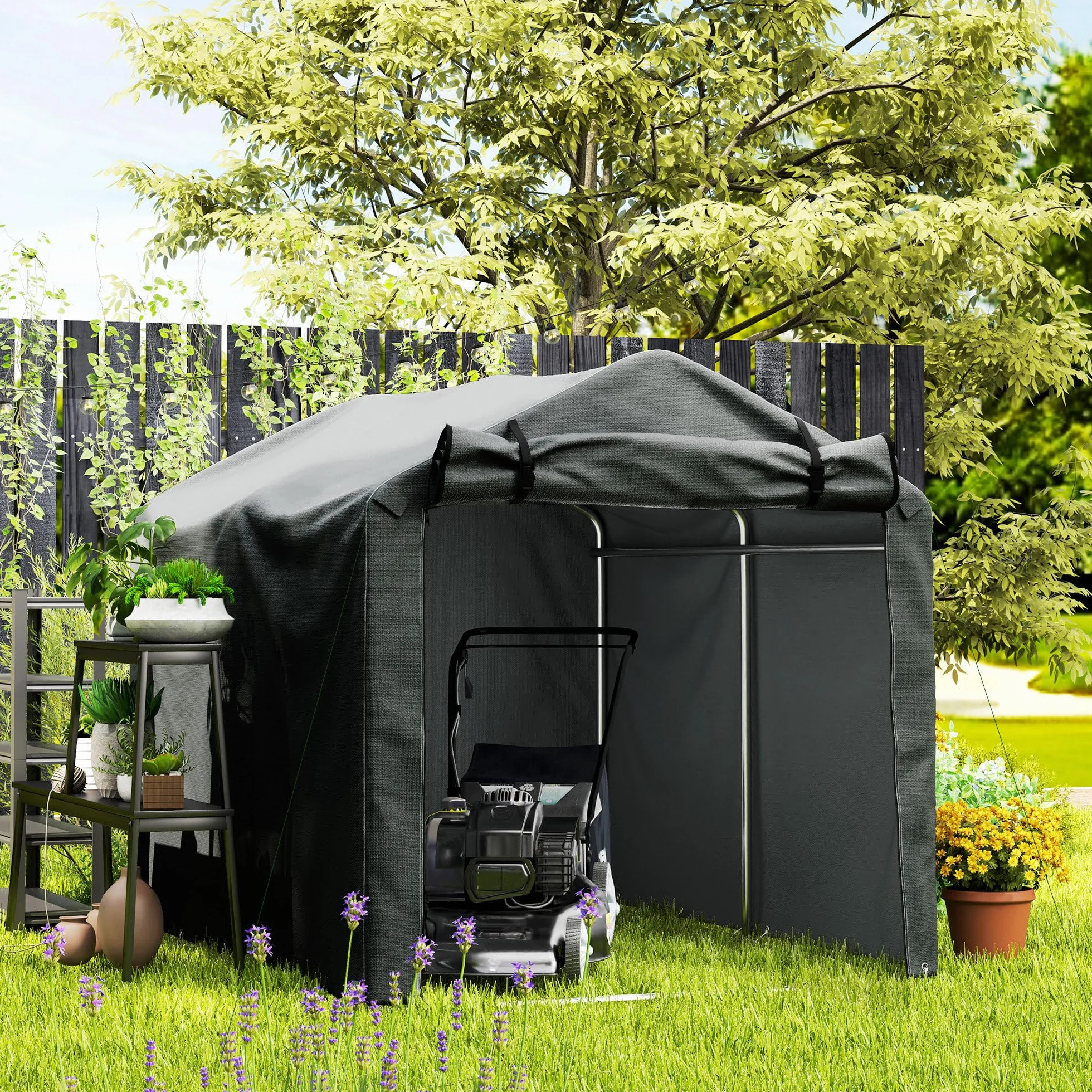 Outsunny Carpa de Jardín Exterior para Herramientas Bicicletas 2,2x1,57x1,65 m, Cobertizo Exterior con Puerta Desmontable con Cremallera, Impermeable, Anti-UV, Garaje Portátil, Gris Oscuro