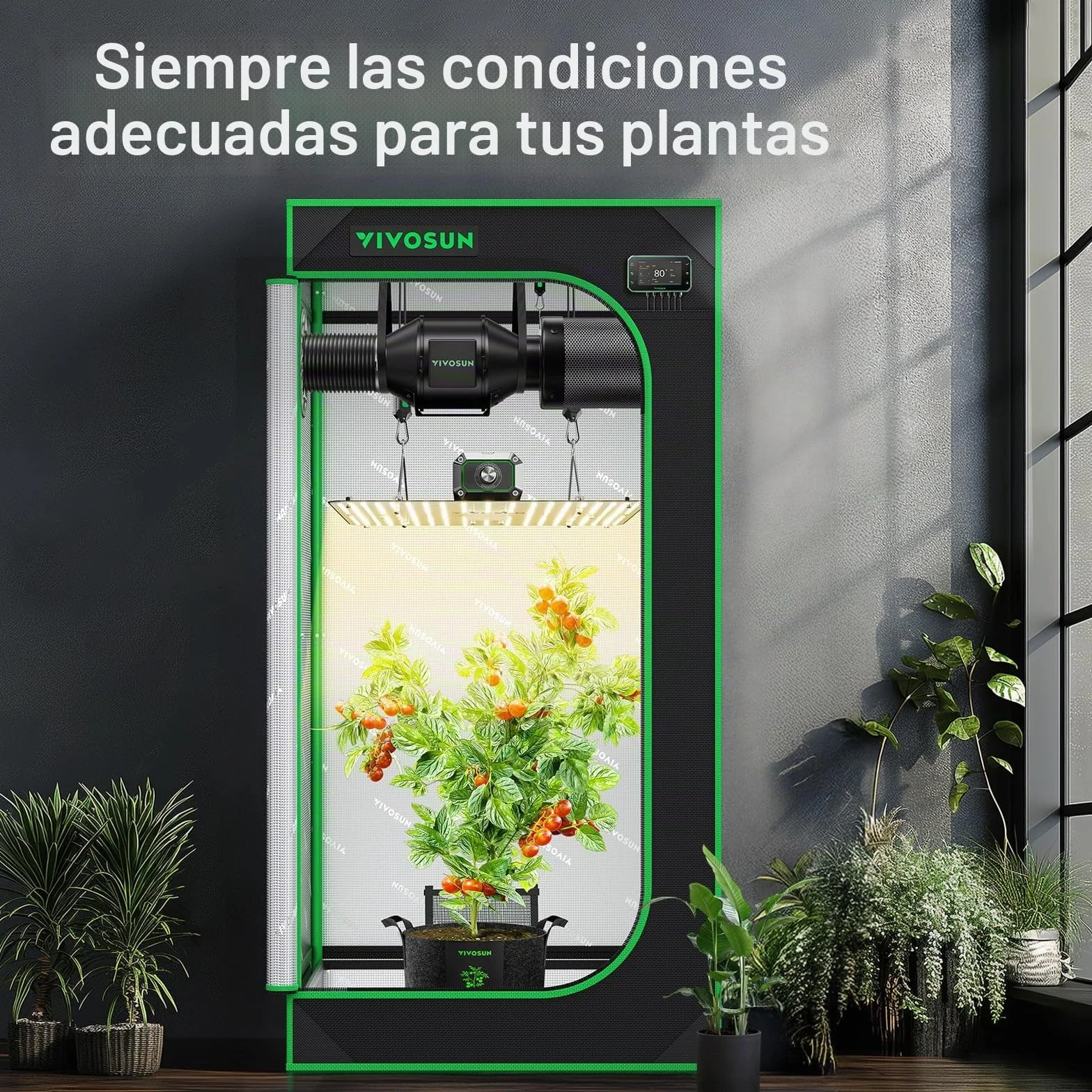 VIVOSUN Sistema de Tienda de Cultivo Inteligente 60x60x120cm, Kit de Tienda Cultivo con WiFi, Ventilación Automática, Luz de Cultivo LED de Espectro Completo de 100W, Controlador GrowHub E42A+