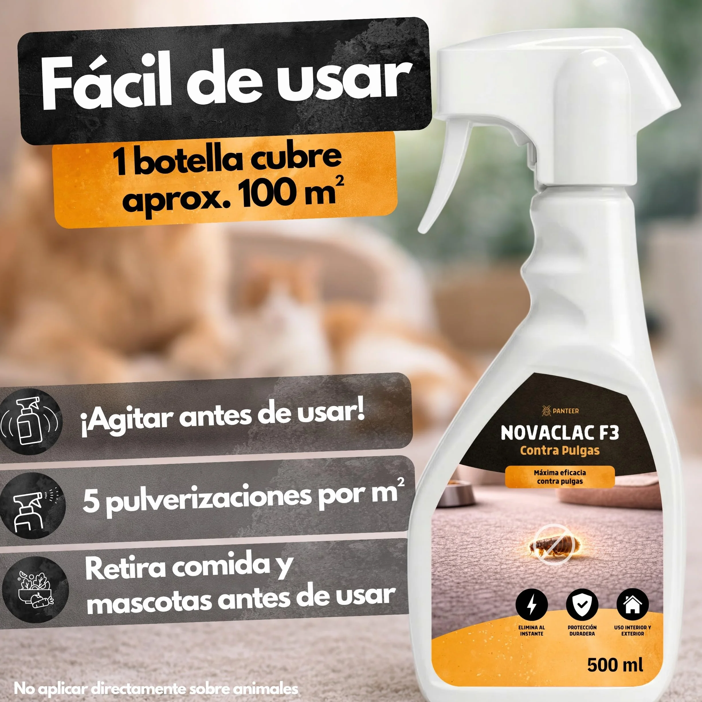 NOVACLAC F3 Mata Pulgas – Spray Insecticida 500 ml PT18 – Elimina pulgas al instante – Protección duradera – Uso interior y exterior – Calidad europea formulada para España