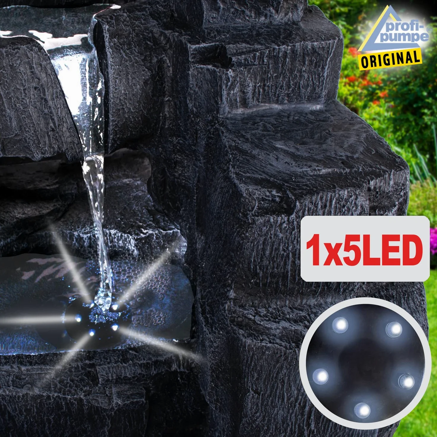Fuente Solar de Jardín con Luz LED y Batería de Iones de Litio