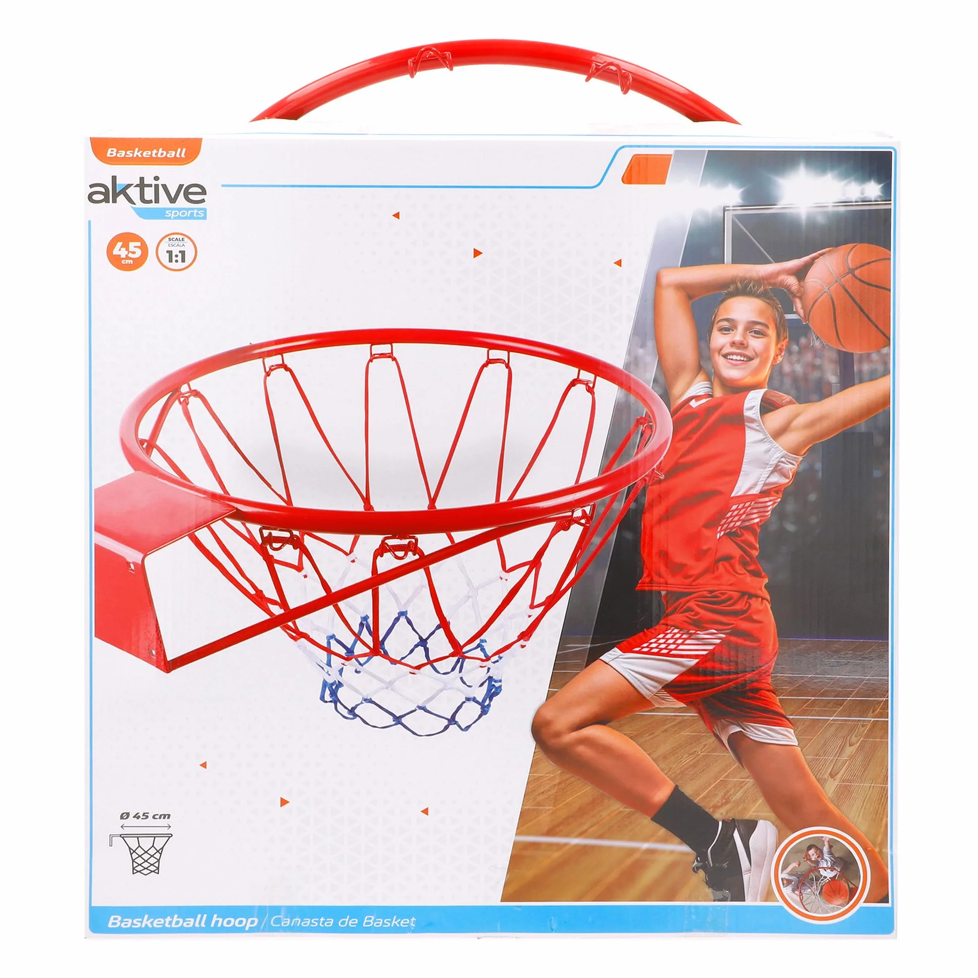 AKTIVE Canasta de Baloncesto Pared 45 cm Red poliéster Aro metálico 4 Tornillos