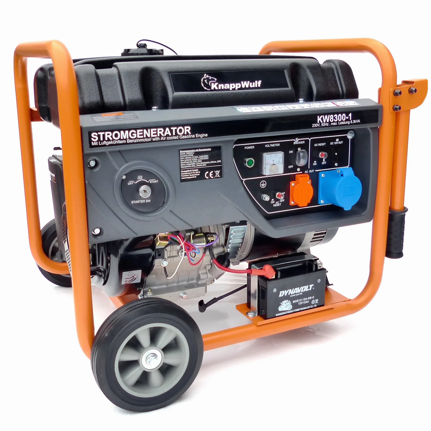 KnappWulf Generador de corriente KW8300-1 Generador de corriente de emergencia, 1 x 230 V, 1 enchufe de camping de 230 V, color azul, máx. 7,7 kW, motor de gasolina con 15 CV, arrancador eléctrico
