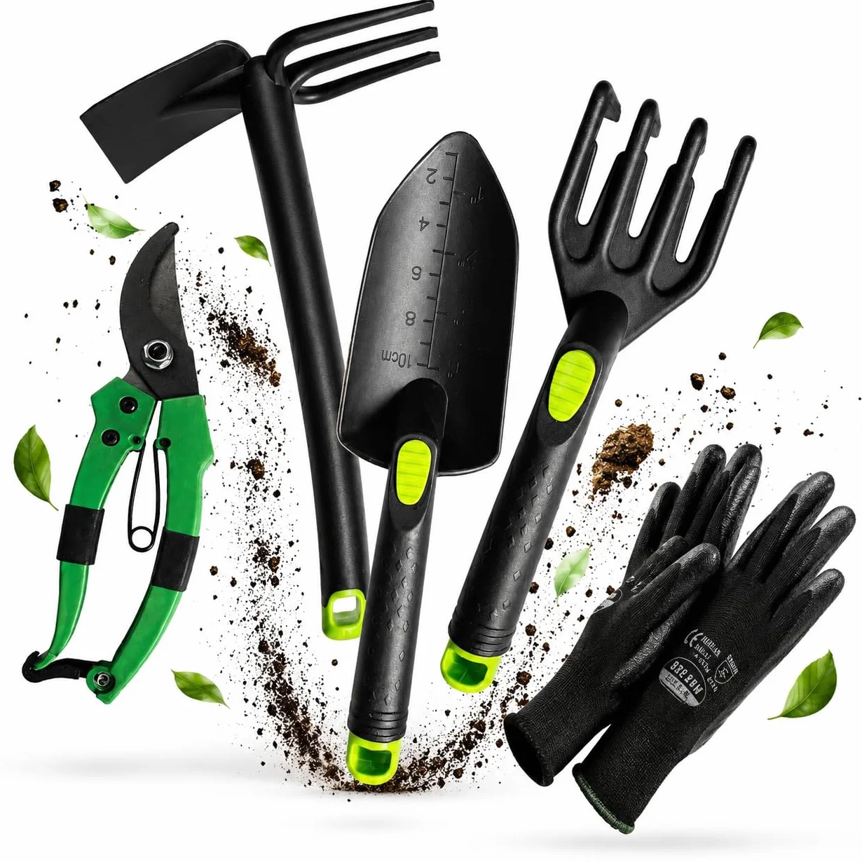 Kit 5 Herramientas de jardinería Resistente de Fibra de Vidrio Ideal para jardín, huerto Urbano o terraza | Kit jardineria Completo Que Incluye: Pala, Rastrillo, Azada, Tijeras de Podar y Guantes.