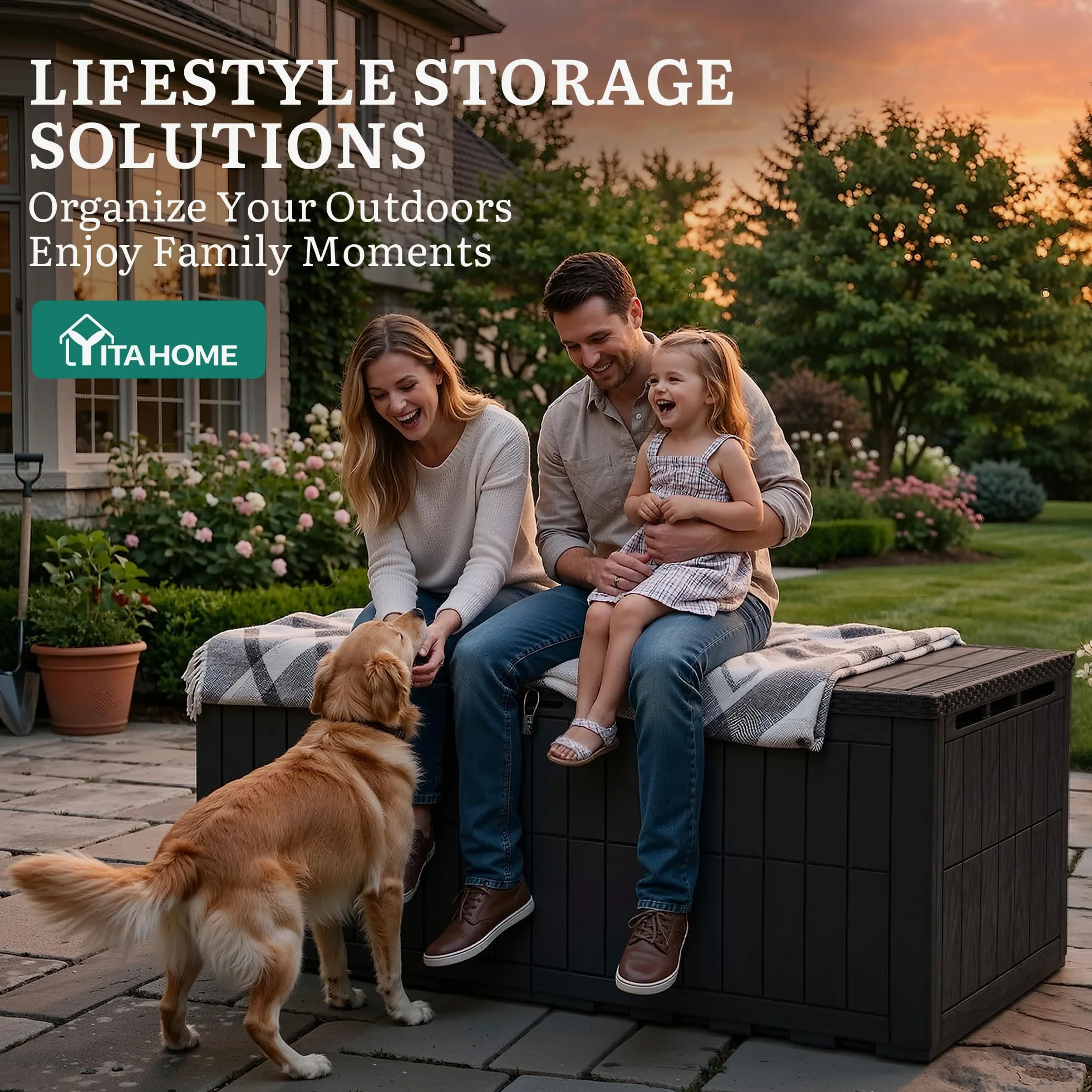 YITAHOME Caja de almacenamiento para exteriores, caja impermeable de 230 galones para herramientas de jardín, cojines de patio y accesorios de piscina, con cerradura, fácil montaje, banco o mesa