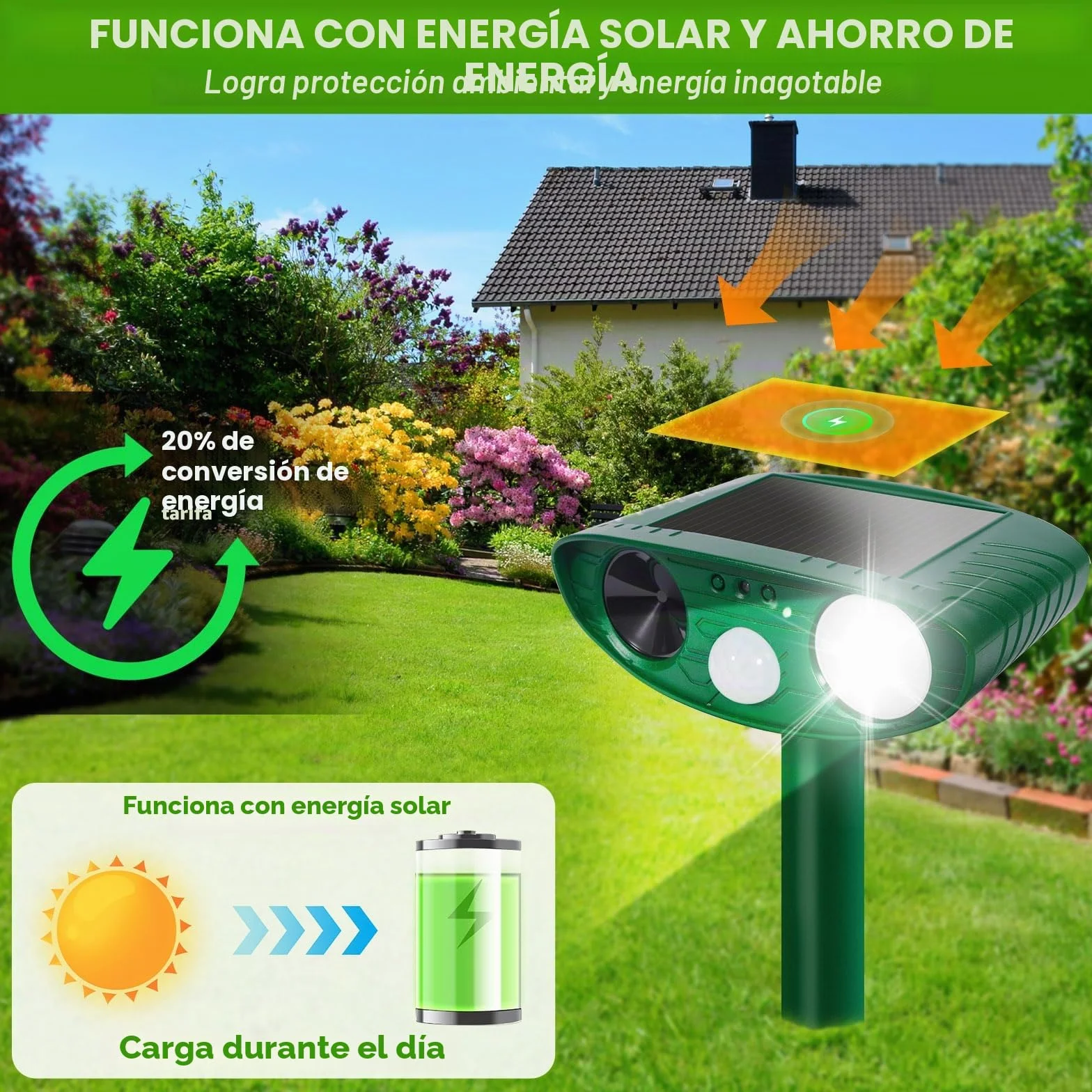 Ahuyentador de Gatos Exterior, Ultrasónico Repelente de Zorros Solar con Luz LED, 8m 120° IPX4 Impermeable Aullentador de Animales para Gatos Zorros Martas Mapaches Perros