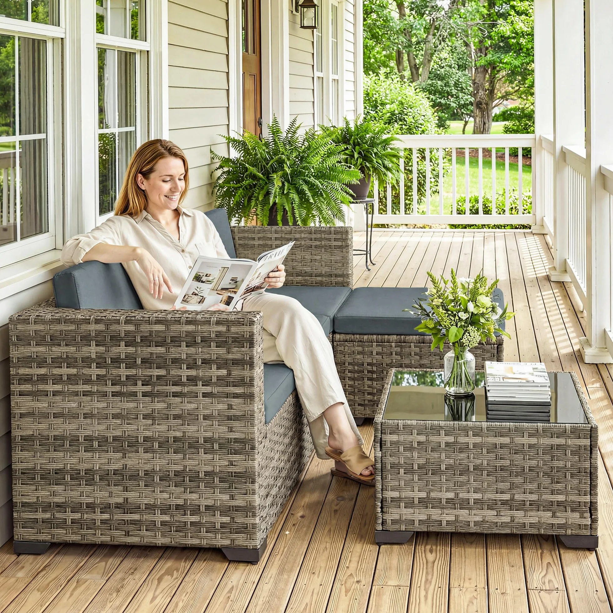 Outsunny Conjunto de Jardín de Ratán de 5 Piezas, Conjunto Terraza Resistente, Muebles Jardín Exterior Incluye Cojines, 2 Sillones de Esquina, Sillón sin Brazos, Reposapiés y Mesa Centro, Gris Oscuro