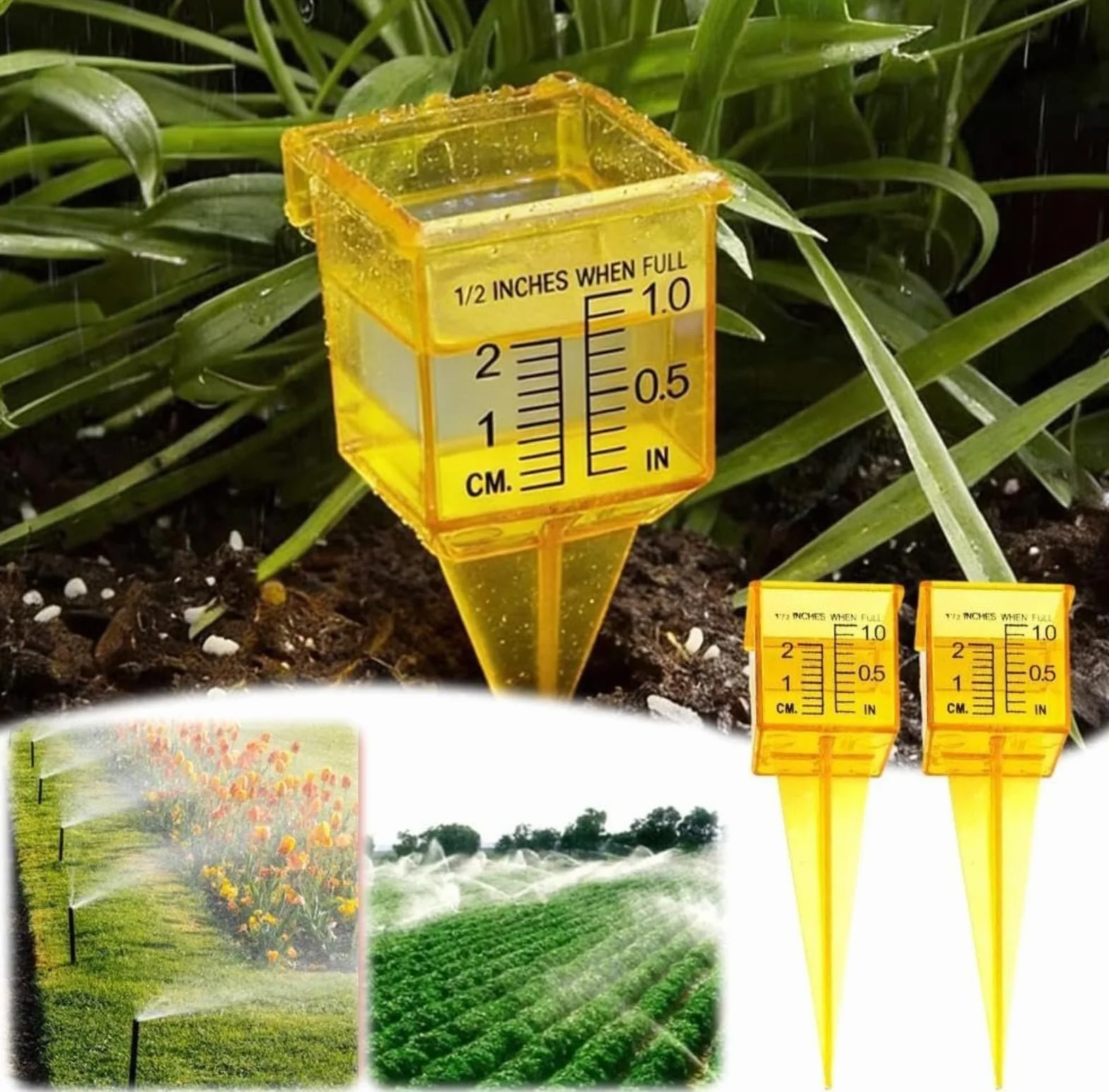 Pluviómetro de 1,5 pulgadas para exteriores con gran apertura, medidor de agua de plástico transparente para césped y jardín, medidor de lluvia de color amarillo brillante, 10 unidades