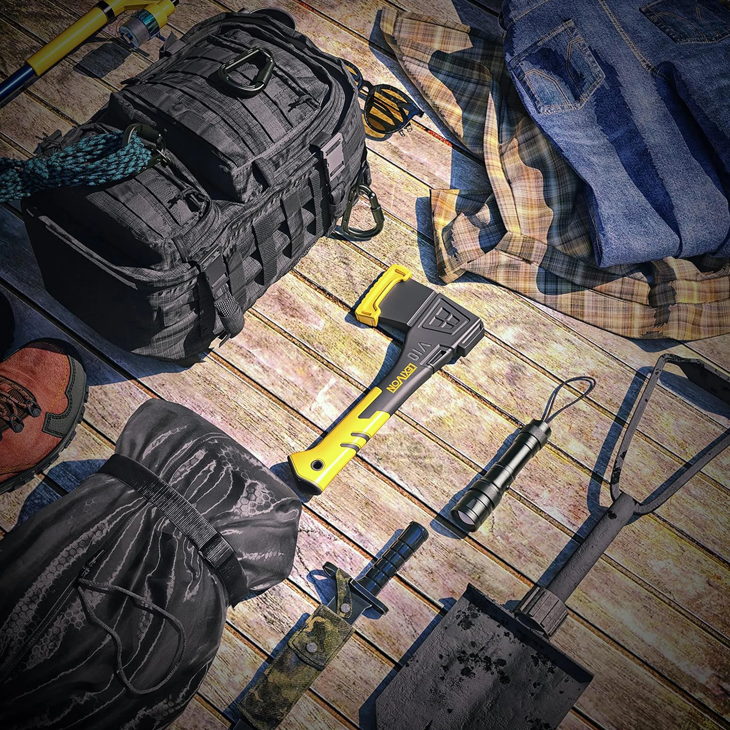 LEXIVON V10 Hacha de Camping de Longitud: 25 CM | Agarre ergonómico TPR, Mango Compuesto Ligero de Fibra de Vidrio | Funda Protectora incluida (LX-V10)
